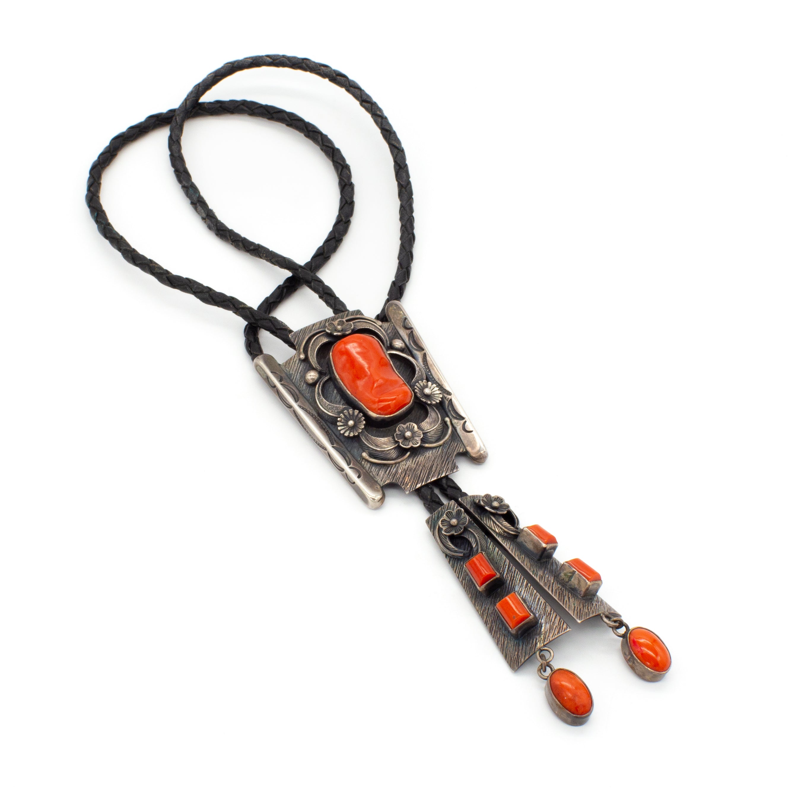 Gary G. Johnson Navajo Natural Mediterranean Coral Sterling Silver Bolo Tie