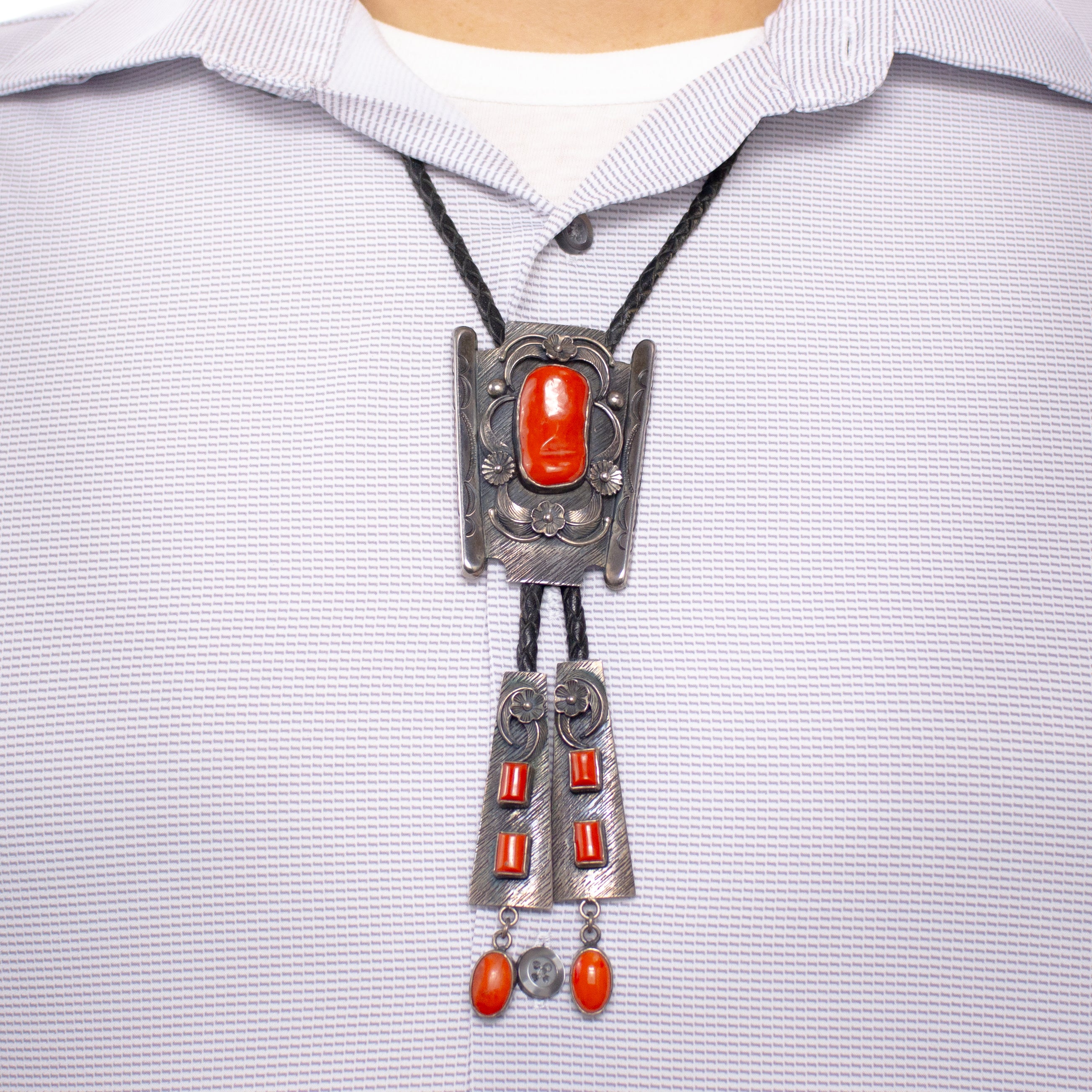 Gary G. Johnson Navajo Natural Mediterranean Coral Sterling Silver Bolo Tie