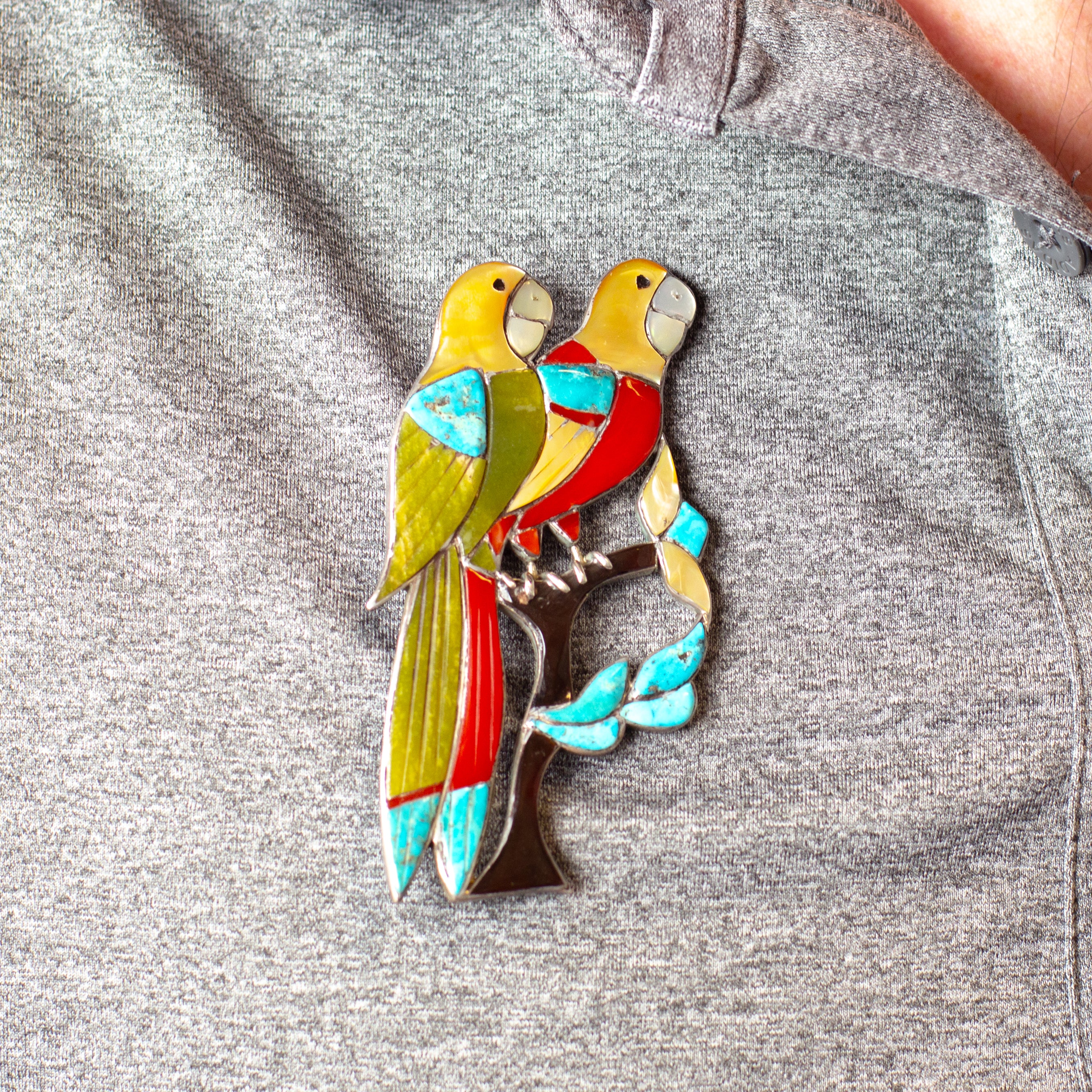 Zuni Handmade Double Parrot Multi-Inlay Sterling Silver Pin