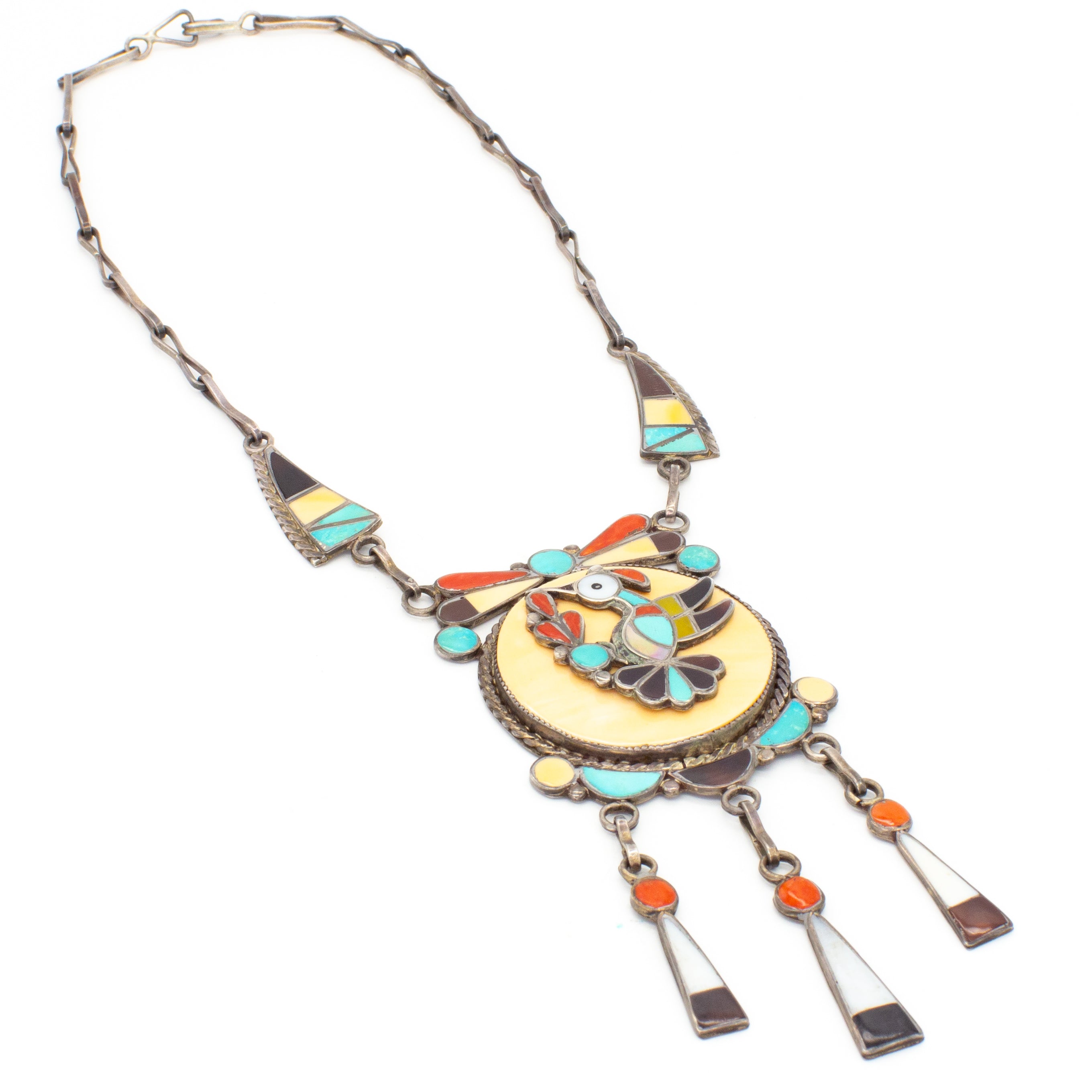 Theodore Edaakie Zuni Handmade Multi-Inlay Sterling Silver Necklace