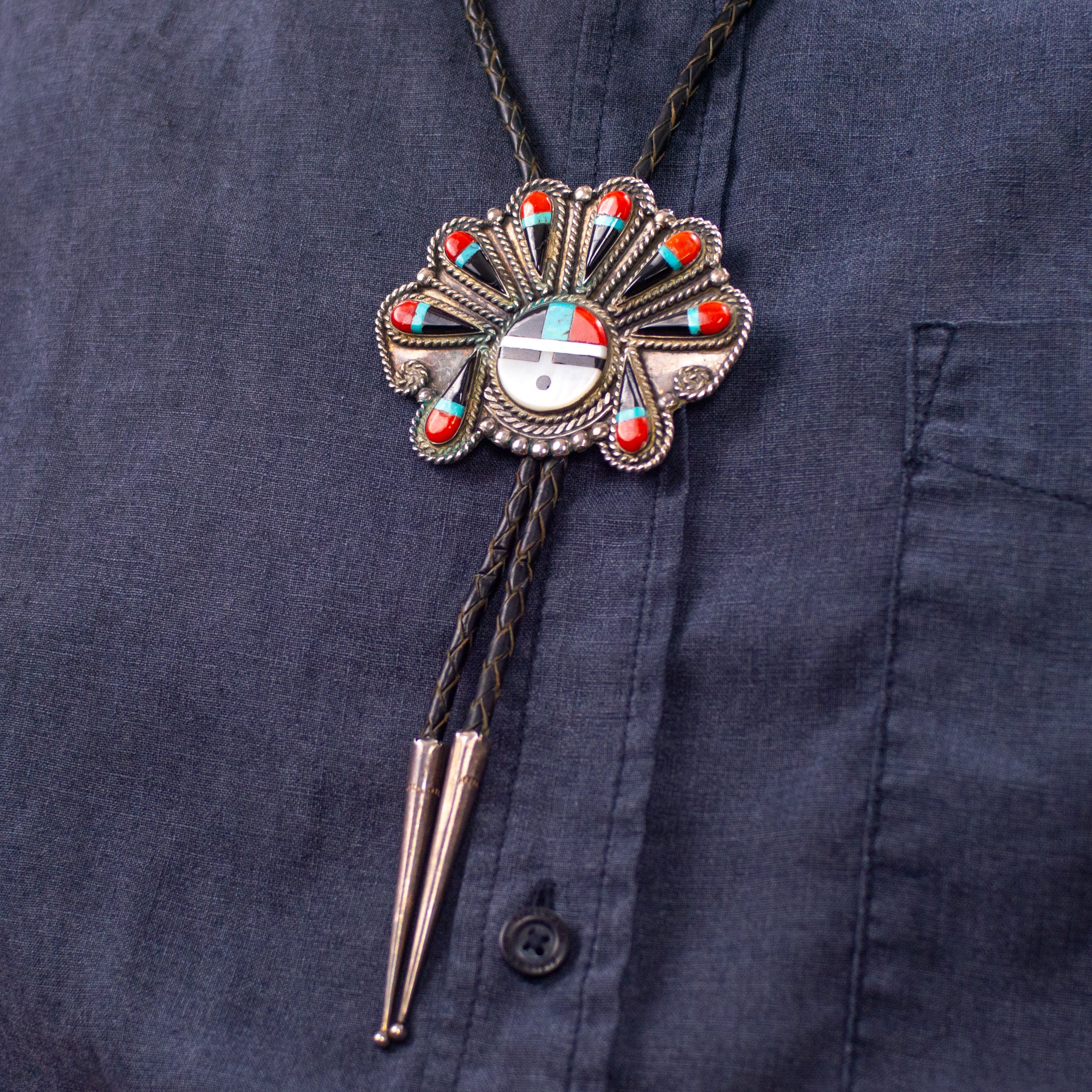 Mingo Dooley Zuni Handmade Inlay Sunface Bolo Tie