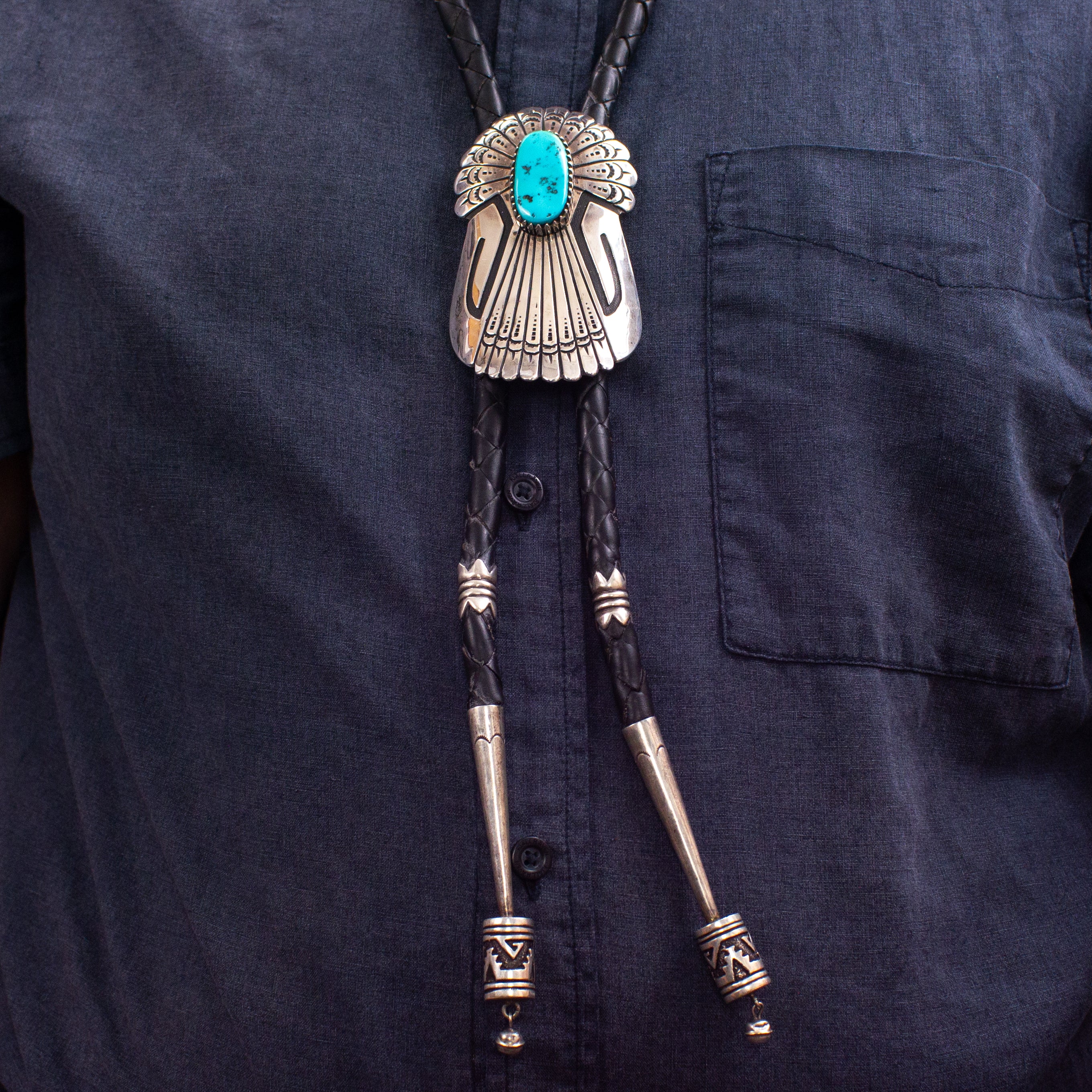 Thomas Singer Navajo Handmade Natural Turquoise Sterling Silver Bolo Tie