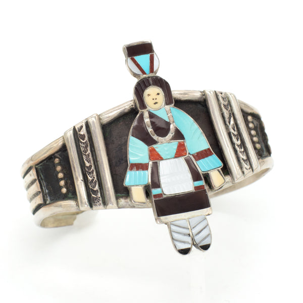 Madeline Beyuka Zuni Handmade Olla Maiden Sterling Silver Inlay Cuff Bracelet