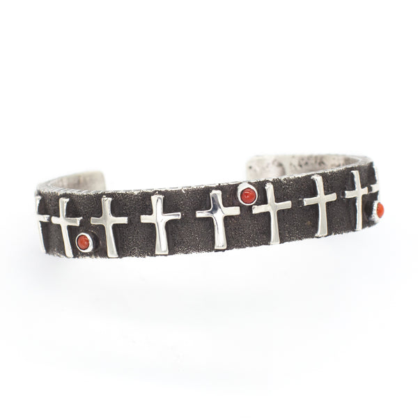 Ernest Rangal Navajo Handmade Tufa Cast Sterling Silver Coral Cuff Bracelet