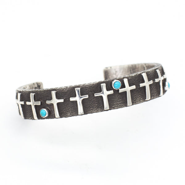 Ernest Rangal Navajo Handmade Tufa Cast Sterling Silver Turquoise Cuff Bracelet