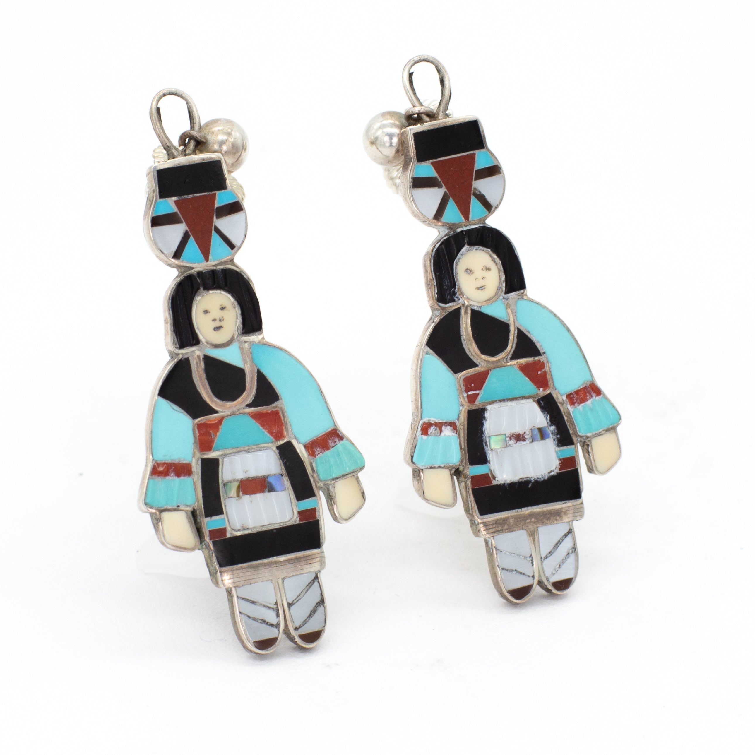 Madeline Beyuka Zuni Handmade Olla Maiden Sterling Silver Inlay Earrings