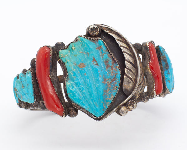 Navajo Handmade Sterling Silver Turquoise Coral Cuff Bracelet (Hallmark Unknown)