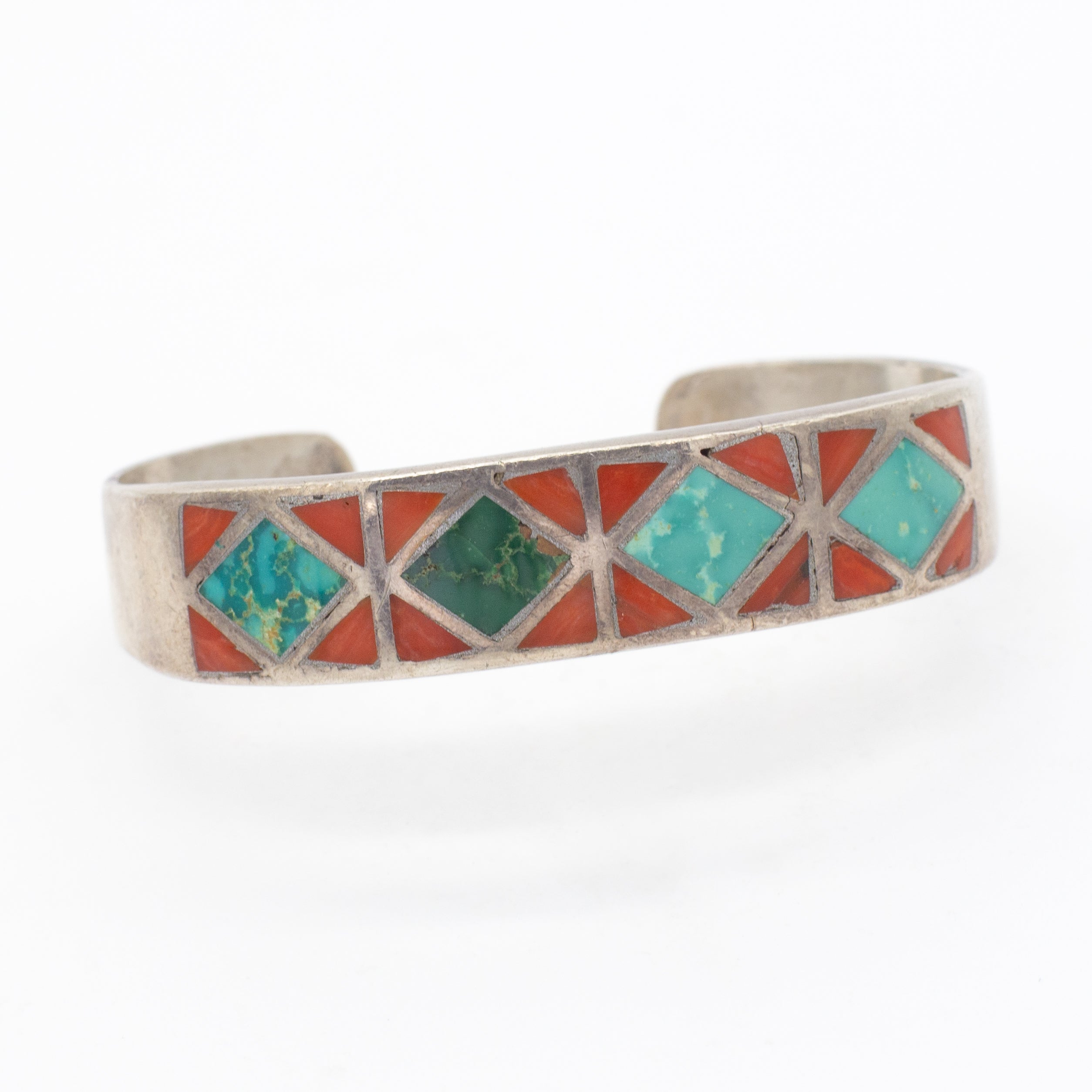 Navajo Handmade Sterling Silver Turquoise Coral Cuff Bracelet (Hallmark Unknown)