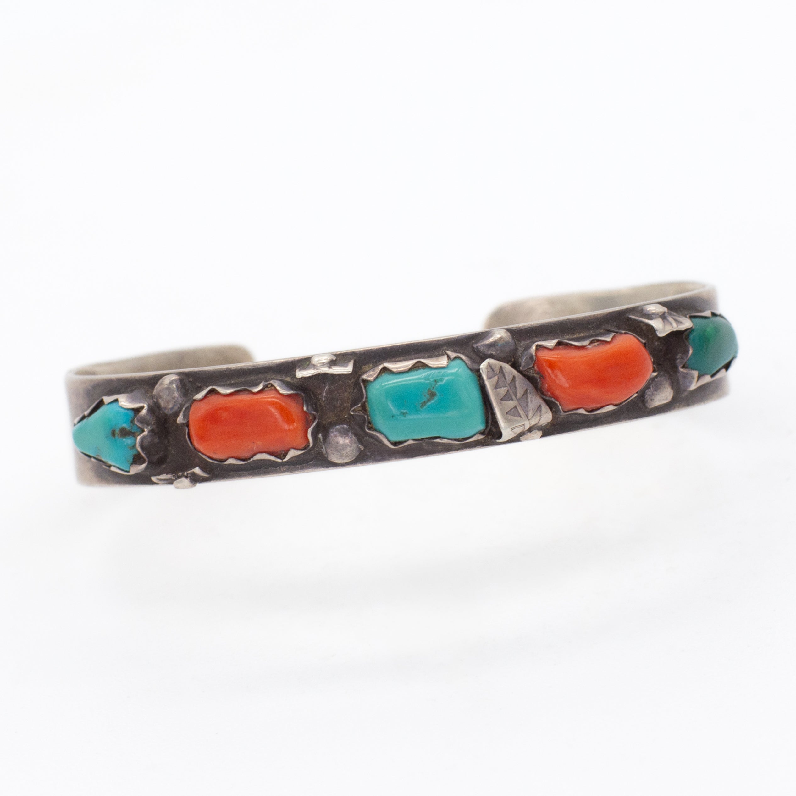 Wayne C. Navajo Handmade Sterling Silver Turquoise Coral Cuff Bracelet