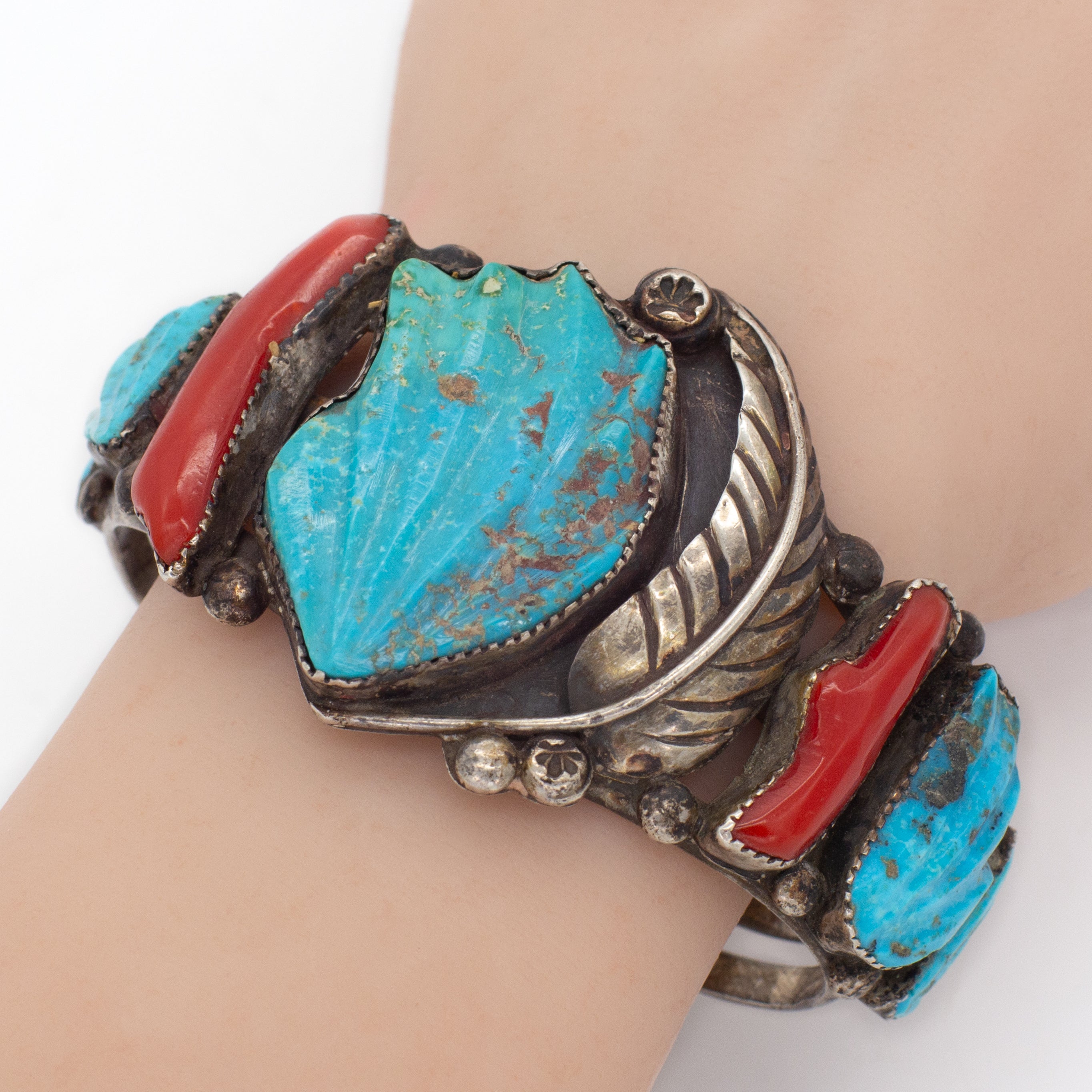 Navajo Handmade Sterling Silver Turquoise Coral Cuff Bracelet (Hallmark Unknown)