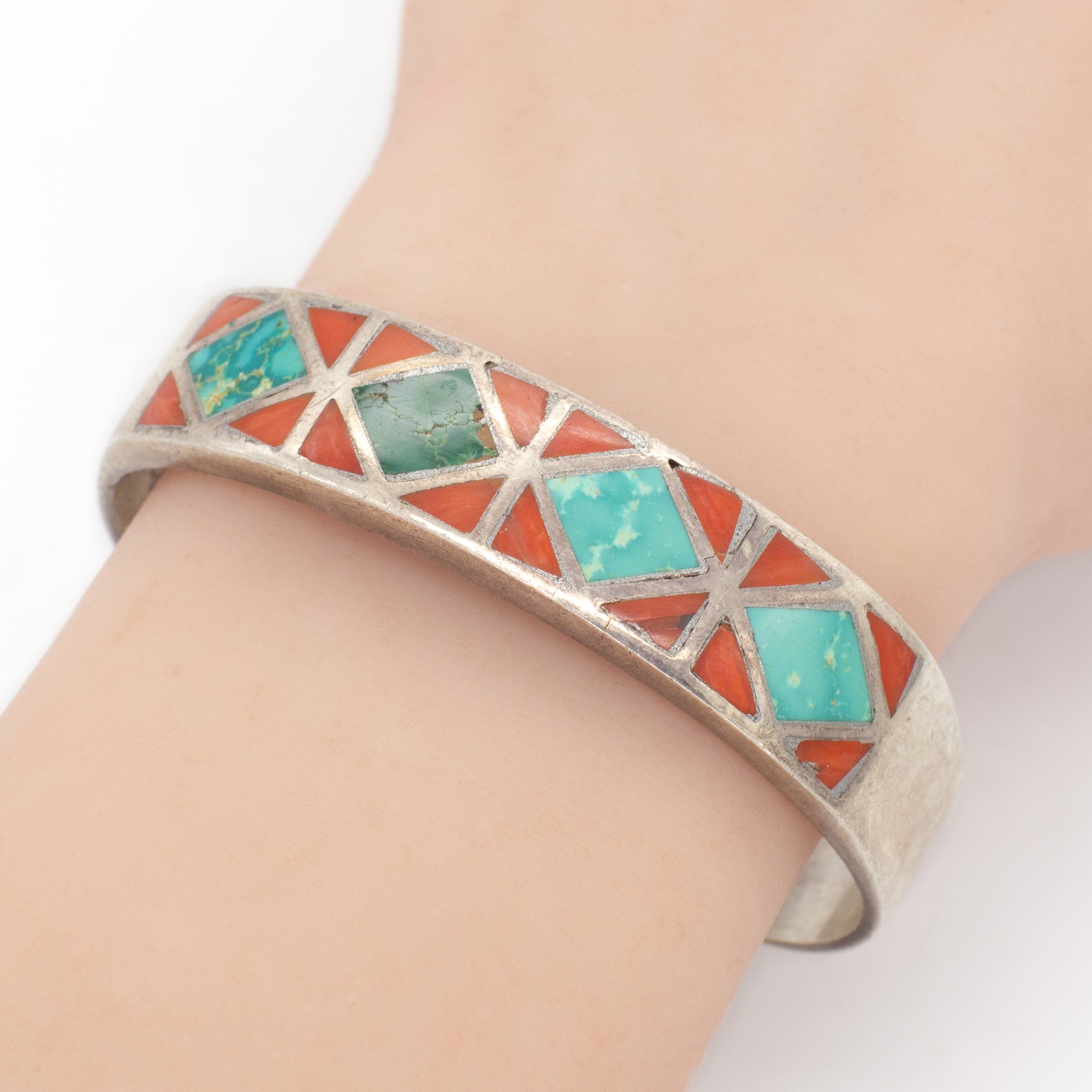 Navajo Handmade Sterling Silver Turquoise Coral Cuff Bracelet (Hallmark Unknown)