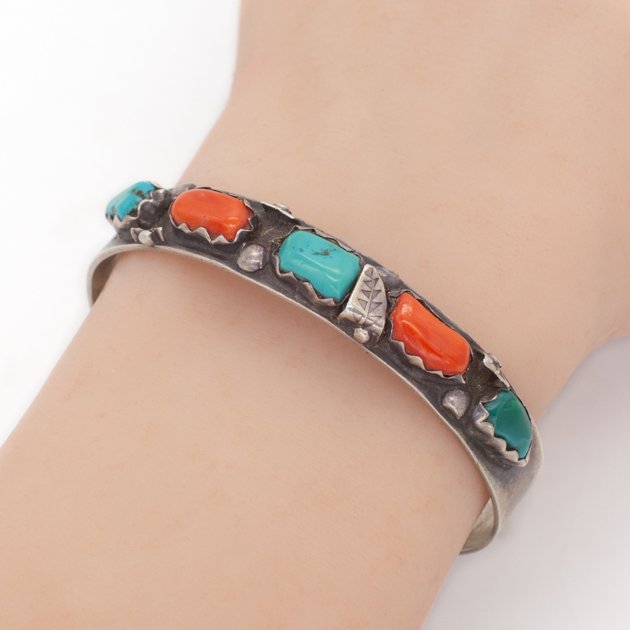 Wayne C. Navajo Handmade Sterling Silver Turquoise Coral Cuff Bracelet