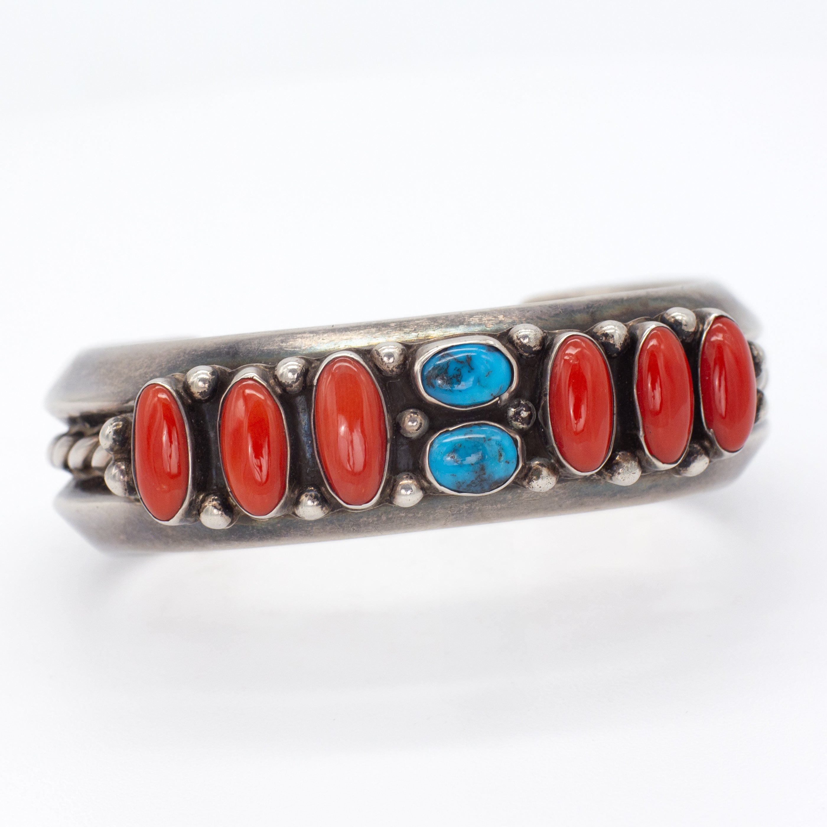 Leroy Dayea Navajo Handmade Sterling Silver Turquoise Coral Cuff Bracelet