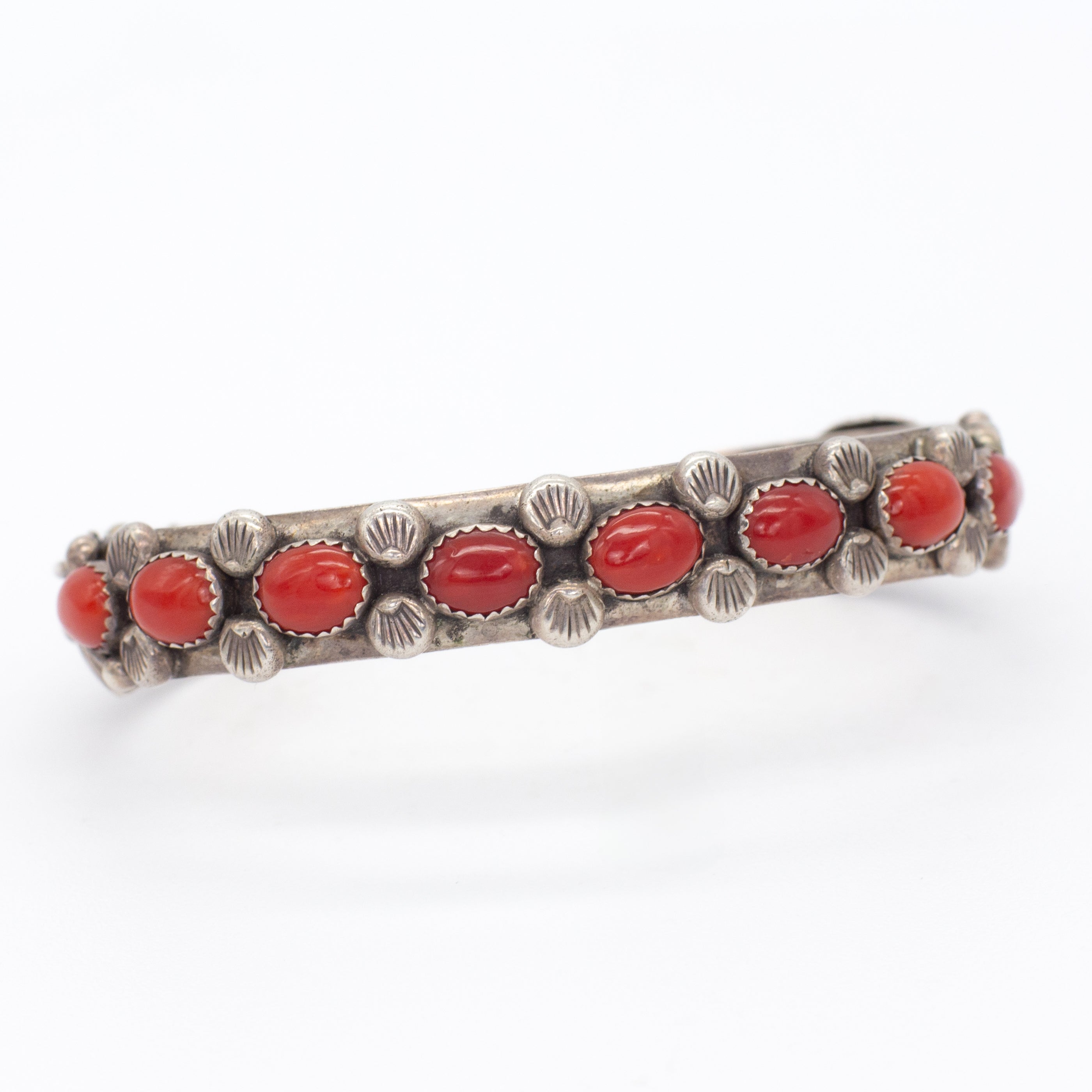 Navajo Handmade Sterling Silver Coral Cuff Bracelet (Hallmark: J.D.)