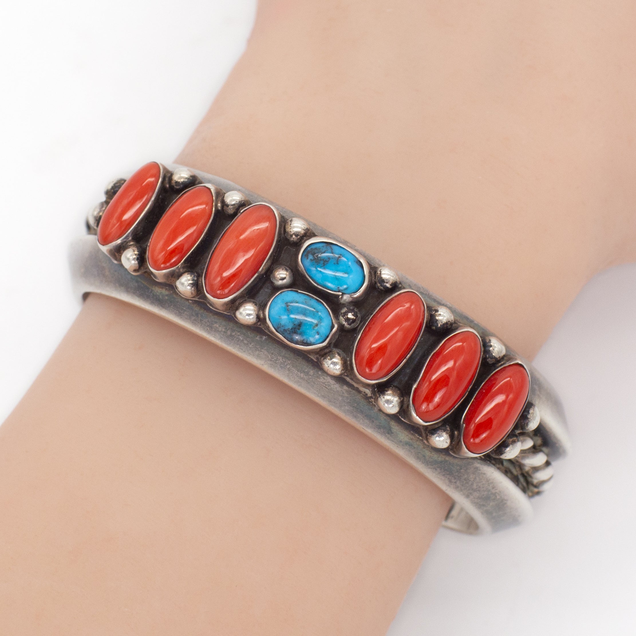 Leroy Dayea Navajo Handmade Sterling Silver Turquoise Coral Cuff Bracelet