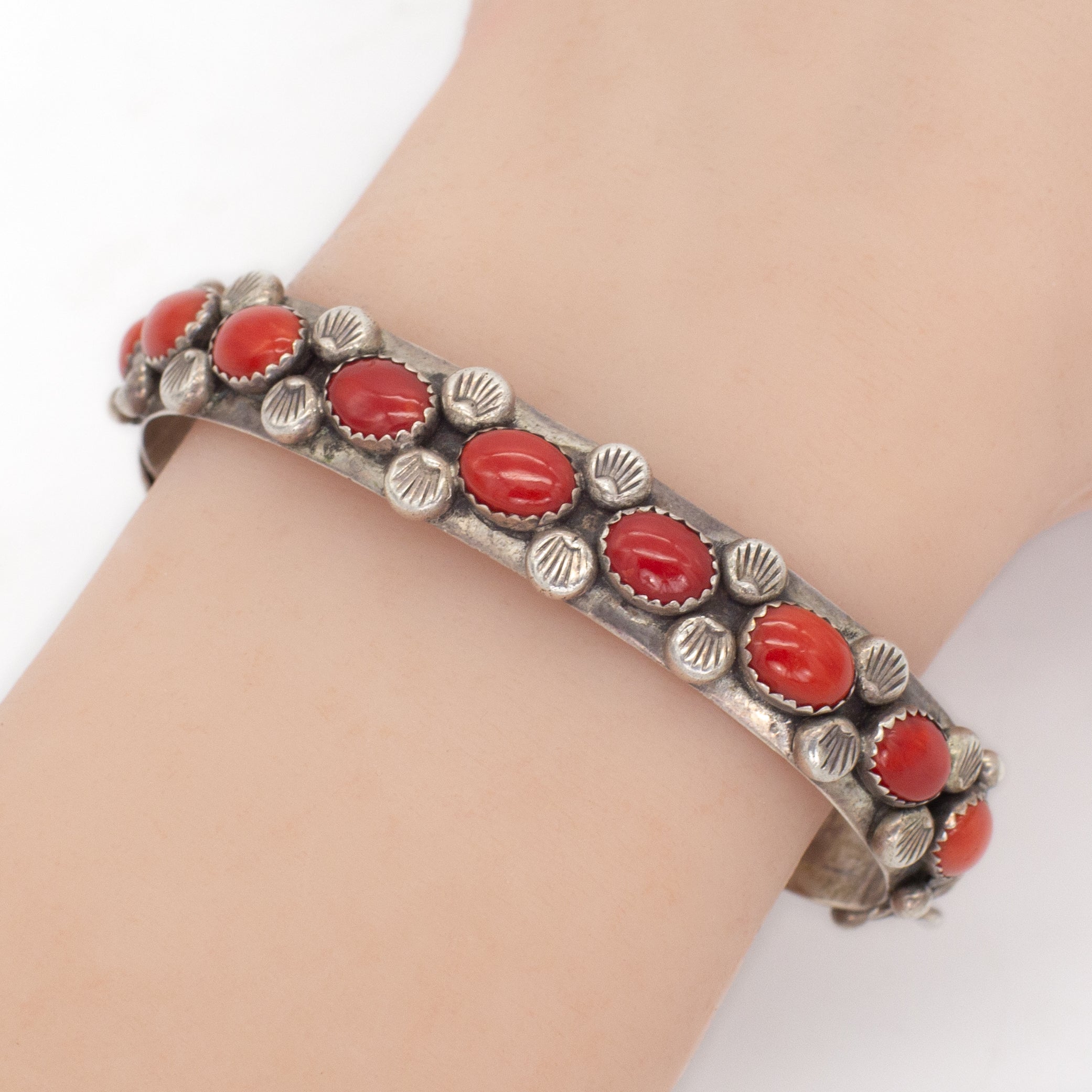 Navajo Handmade Sterling Silver Coral Cuff Bracelet (Hallmark: J.D.)