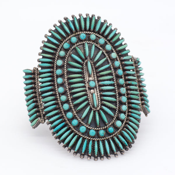 Nathaniel & Rosemary Nez Navajo Handmade Sterling Silver Turquoise Needlepoint Cuff Bracelet