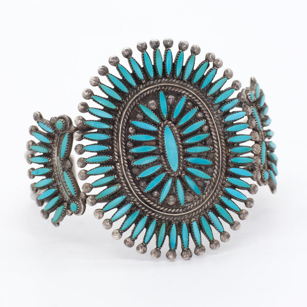 Handmade Sterling Silver Turquoise Needlepoint Cuff Bracelet (Hallmark Unknown)