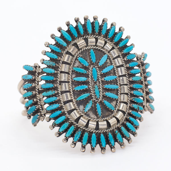 Nathaniel & Rosemary Nez Navajo Handmade Sterling Silver Turquoise Needlepoint Cuff Bracelet