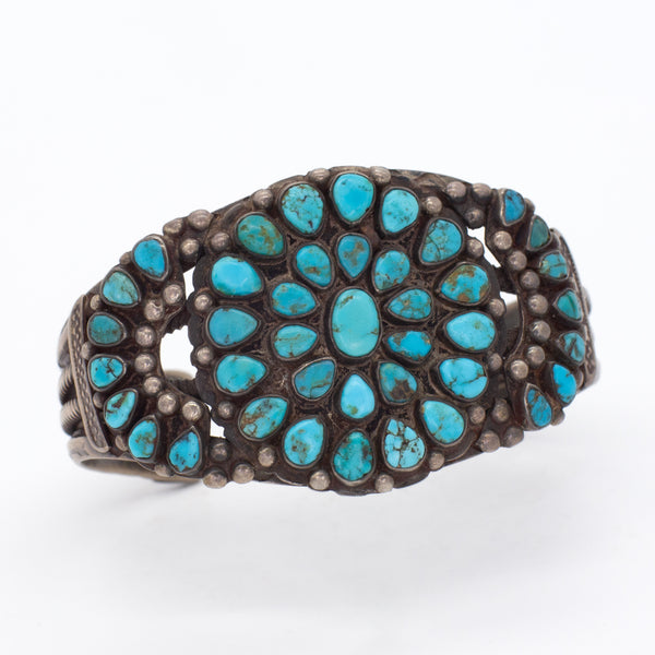 Handmade Sterling Silver Turquoise Petit Point Cluster Cuff Bracelet (Hallmark Unknown)