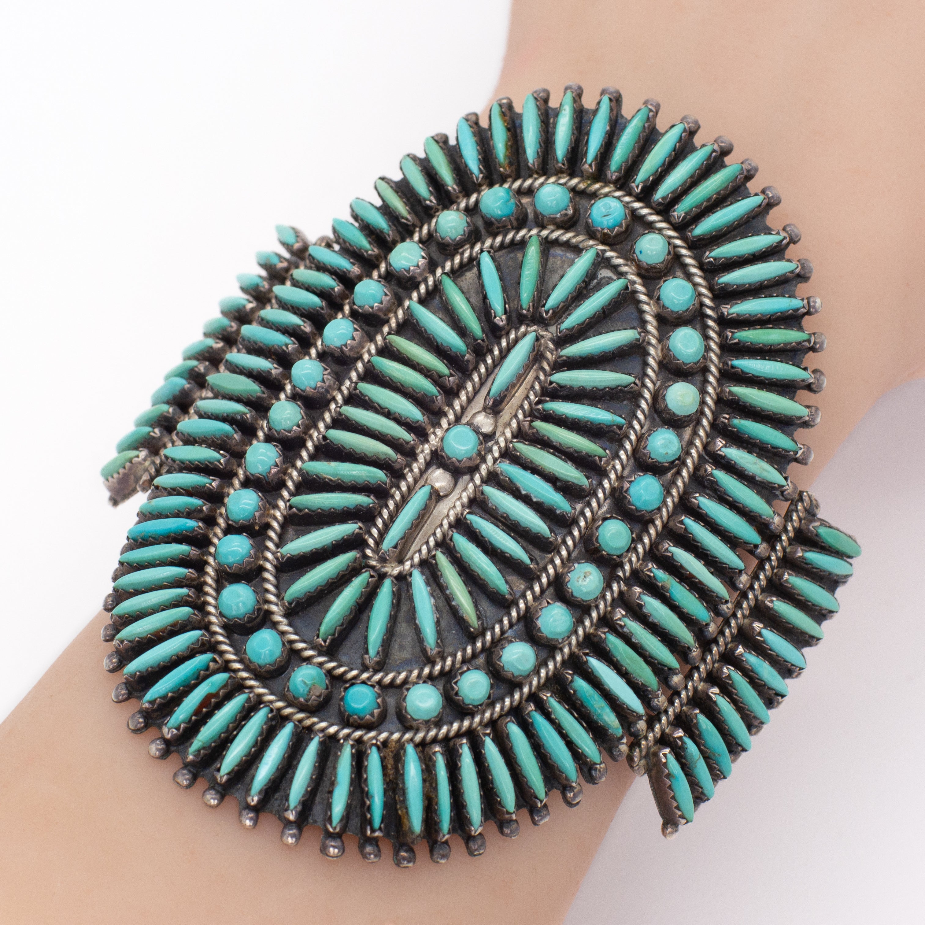 Nathaniel & Rosemary Nez Navajo Handmade Sterling Silver Turquoise Needlepoint Cuff Bracelet