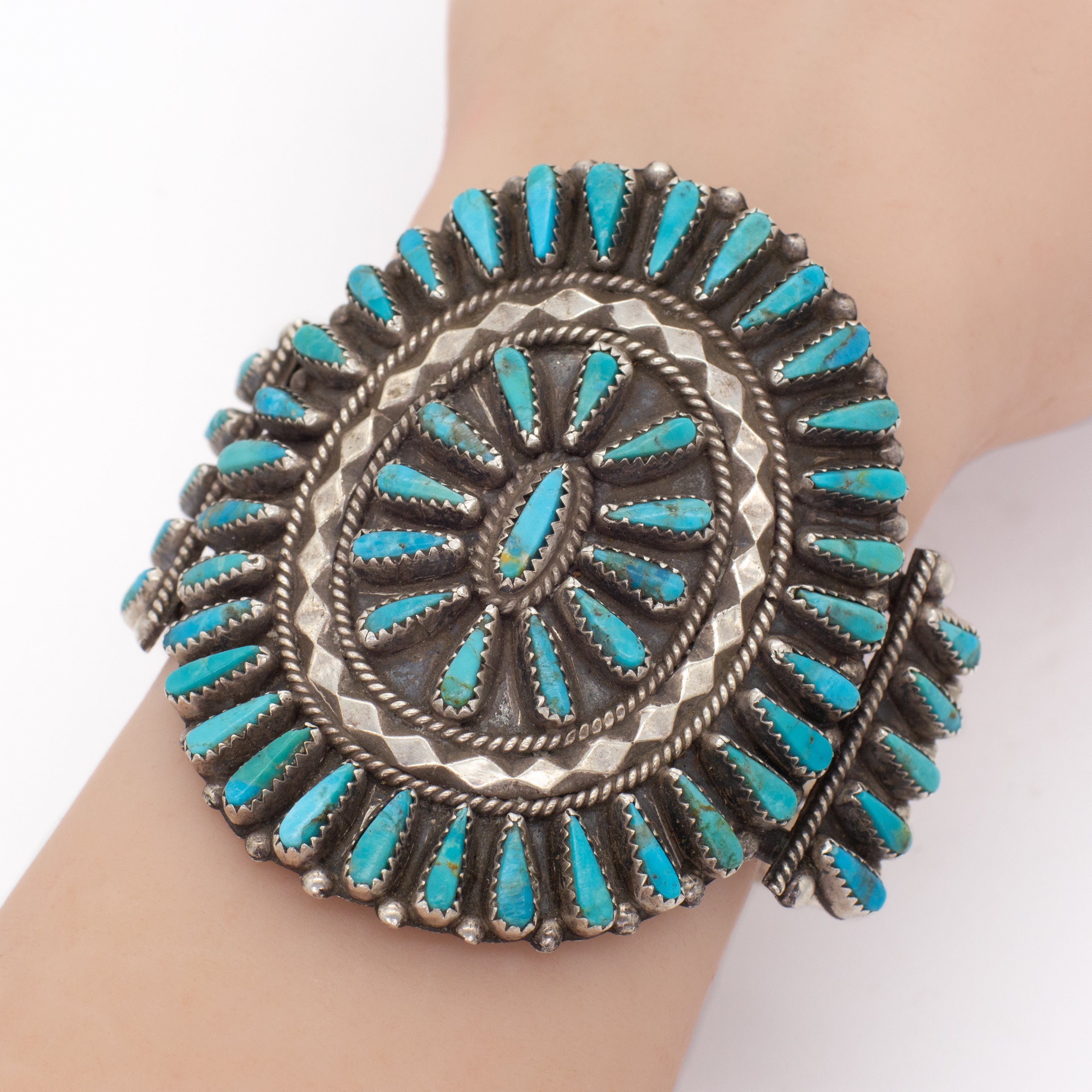 Tommy Lowe Navajo Handmade Sterling Silver Turquoise Petit Point Cuff Bracelet