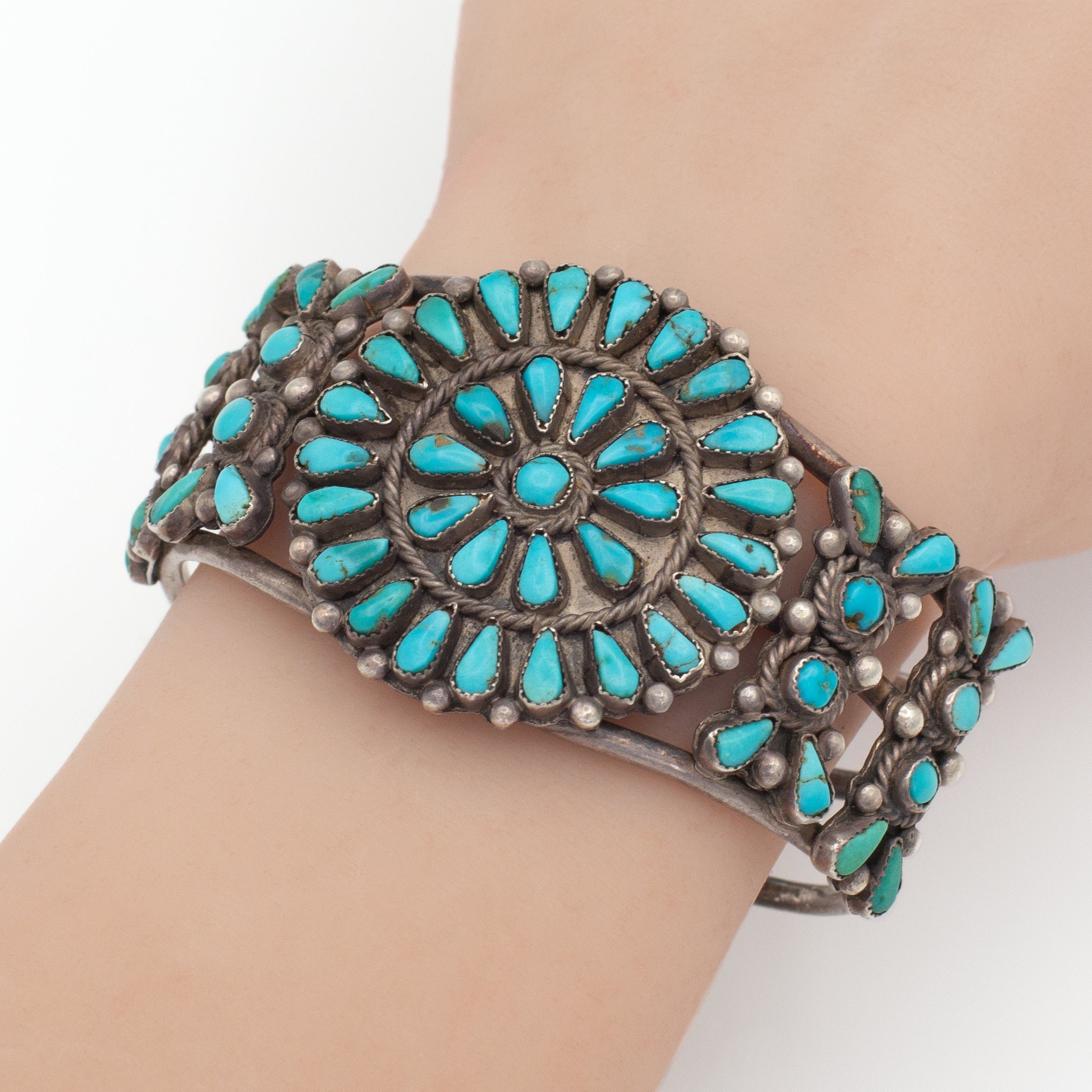 Handmade Sterling Silver Turquoise Petit Point Cuff Bracelet (Hallmark Unknown)