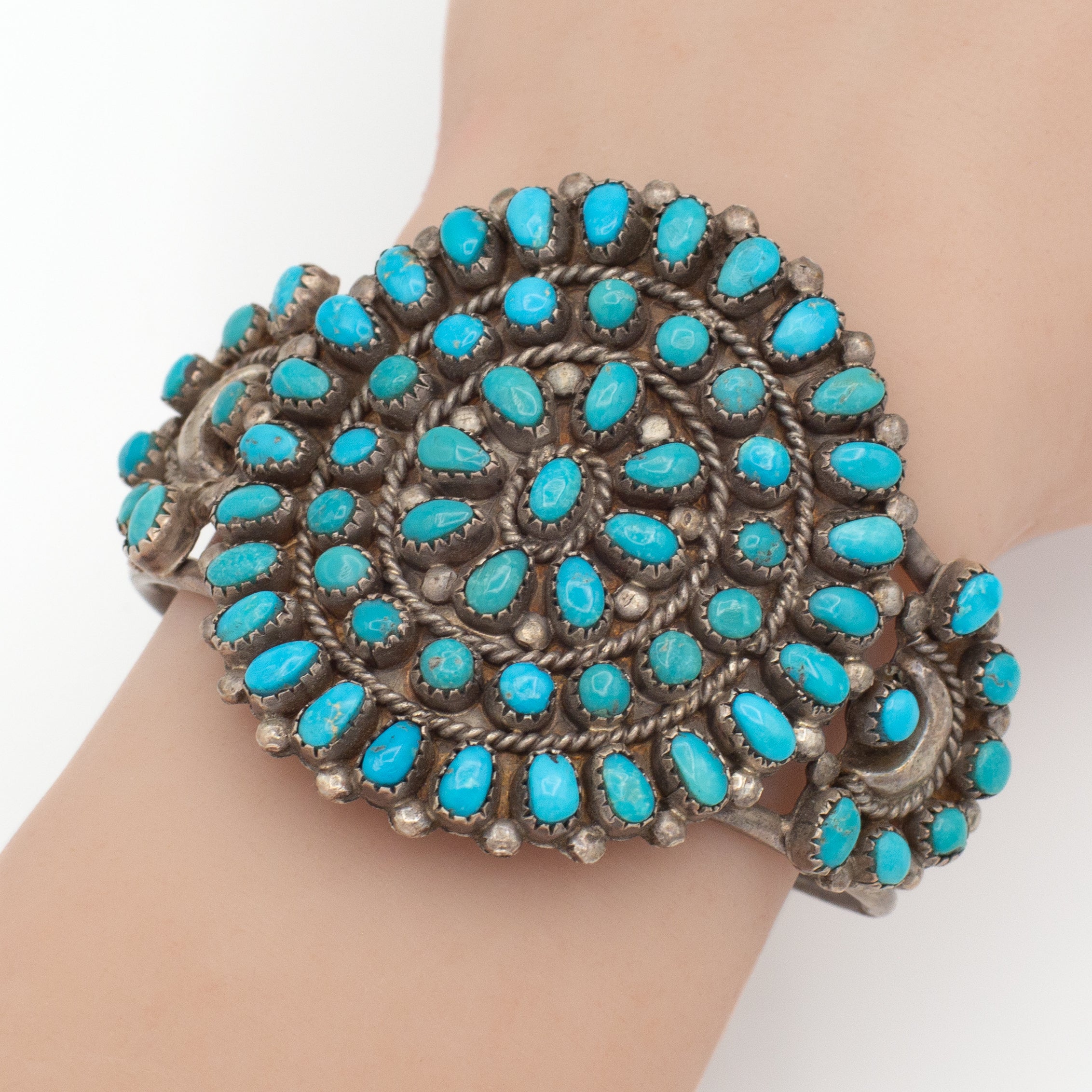 Handmade Sterling Silver Turquoise Petit Point Cuff Bracelet (Hallmark Unknown)