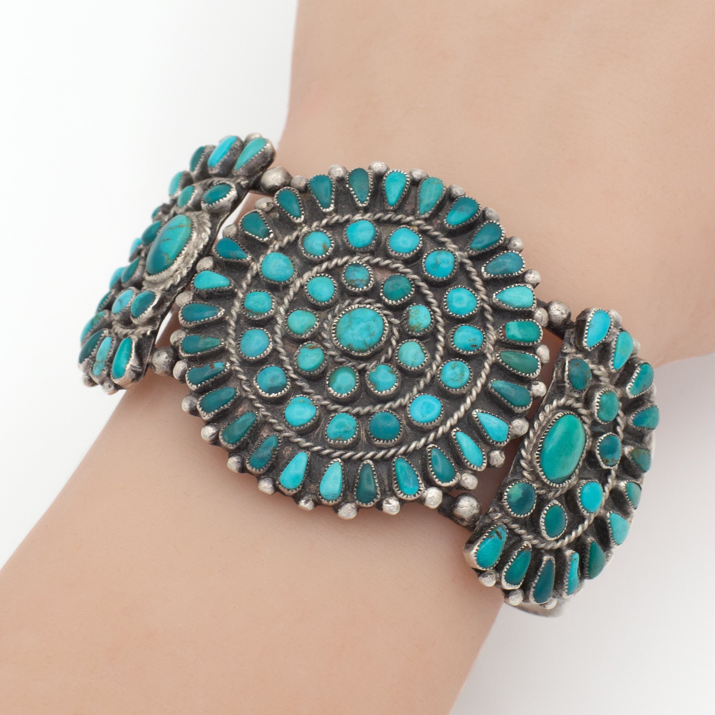 Handmade Sterling Silver Turquoise Petit Point Cuff Bracelet (Hallmark Unknown)