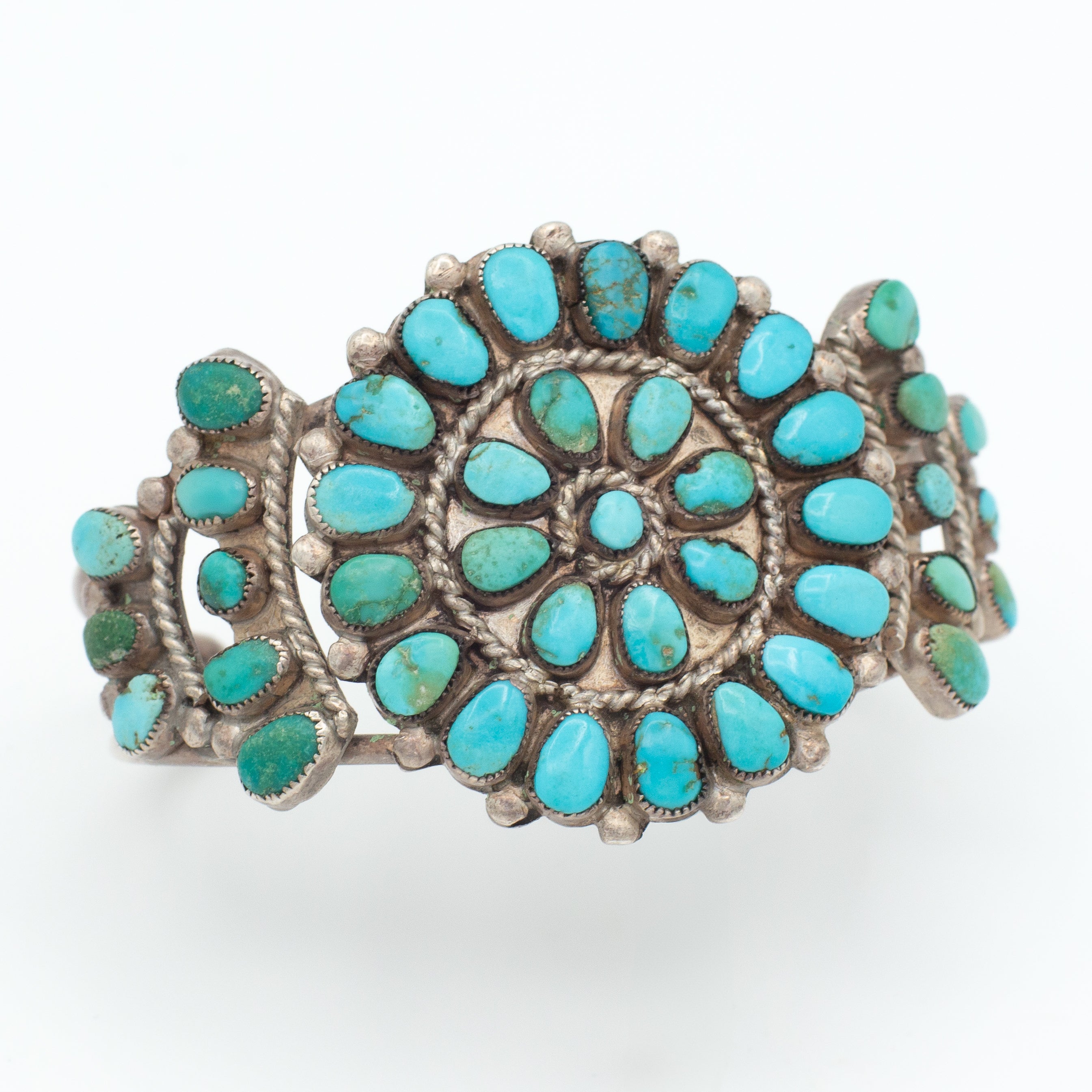 Handmade Sterling Silver Turquoise Petit Point Cluster Cuff Bracelet (Hallmark Unknown)