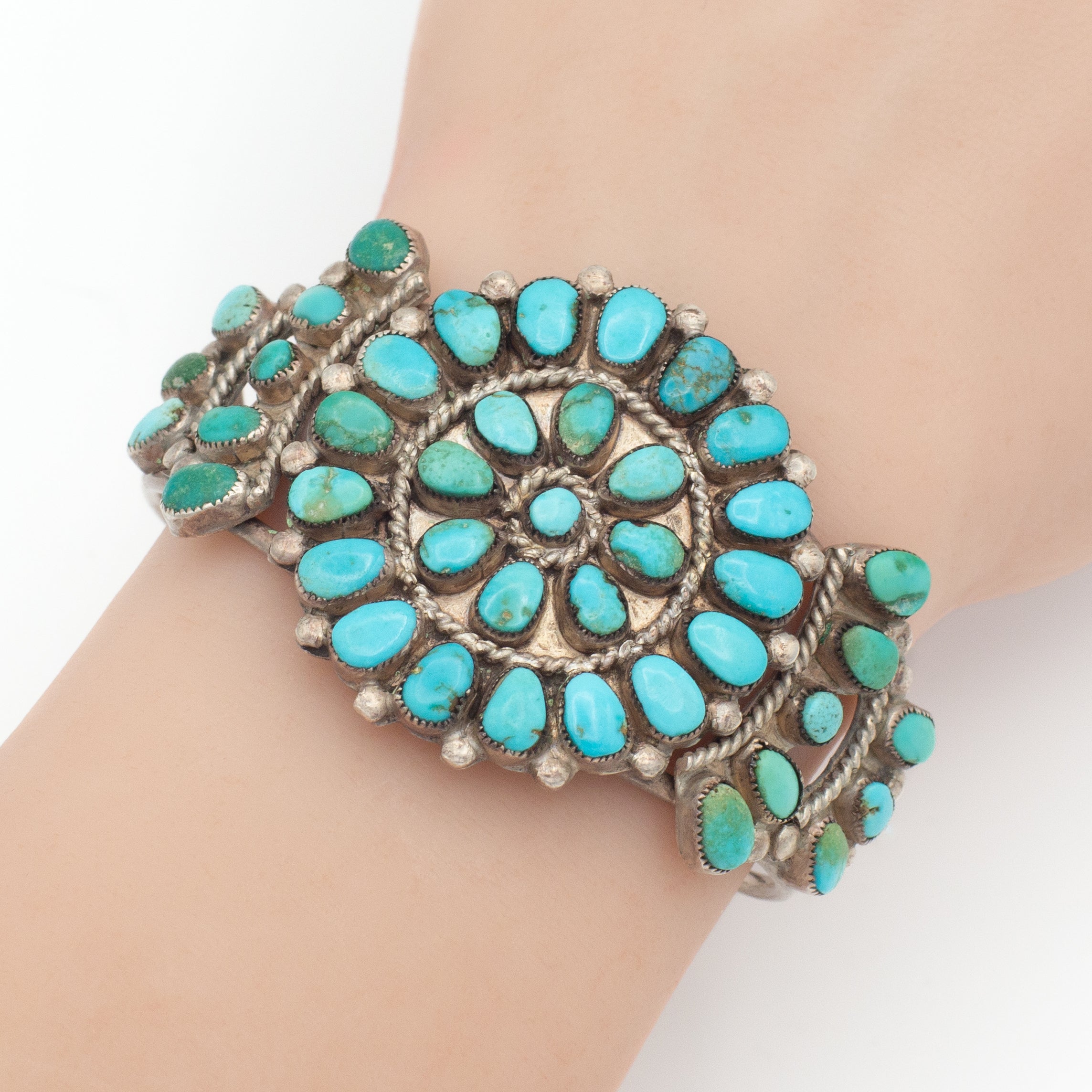 Handmade Sterling Silver Turquoise Petit Point Cluster Cuff Bracelet (Hallmark Unknown)