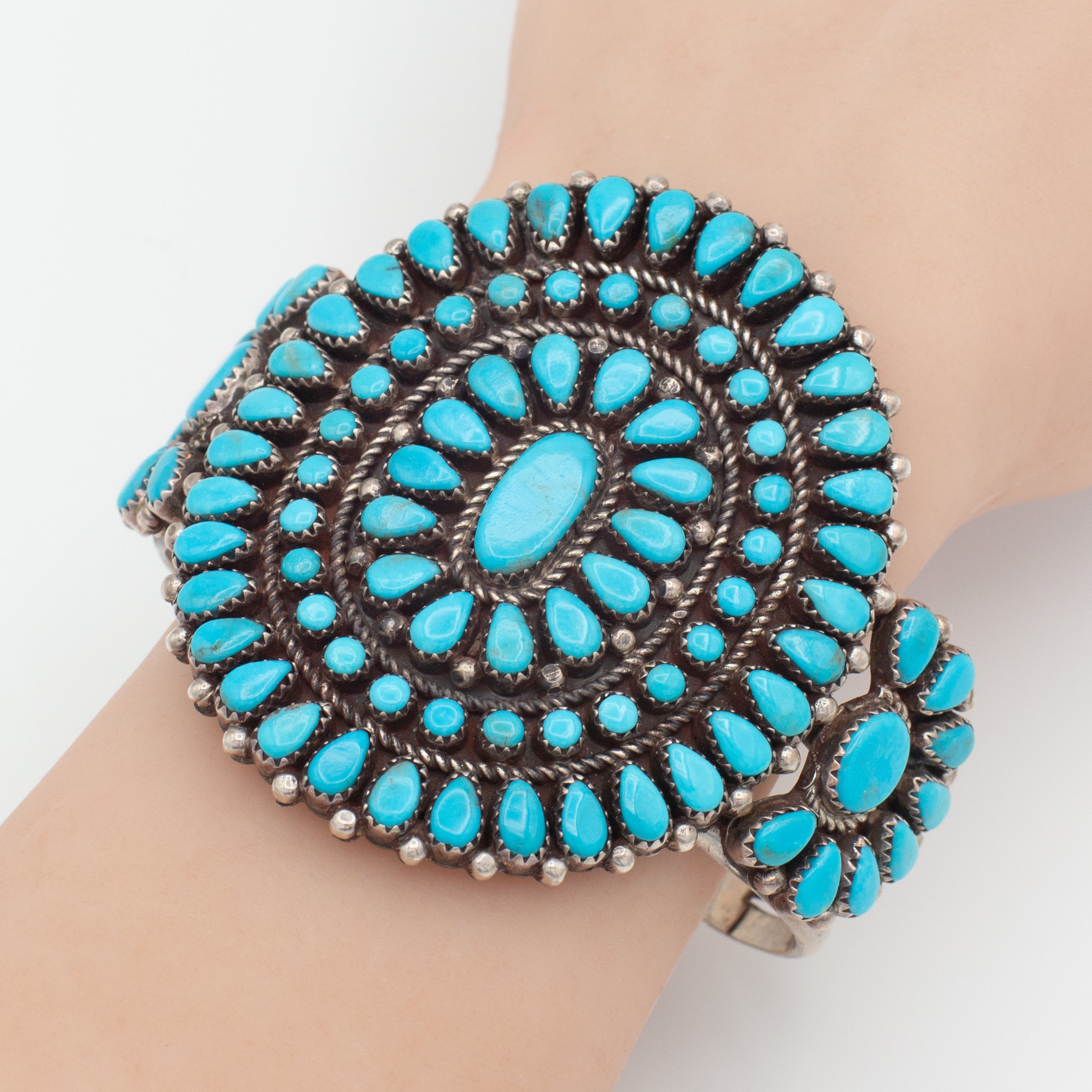 Handmade Sterling Silver Turquoise Petit Point Cuff Bracelet (Hallmark Unknown)