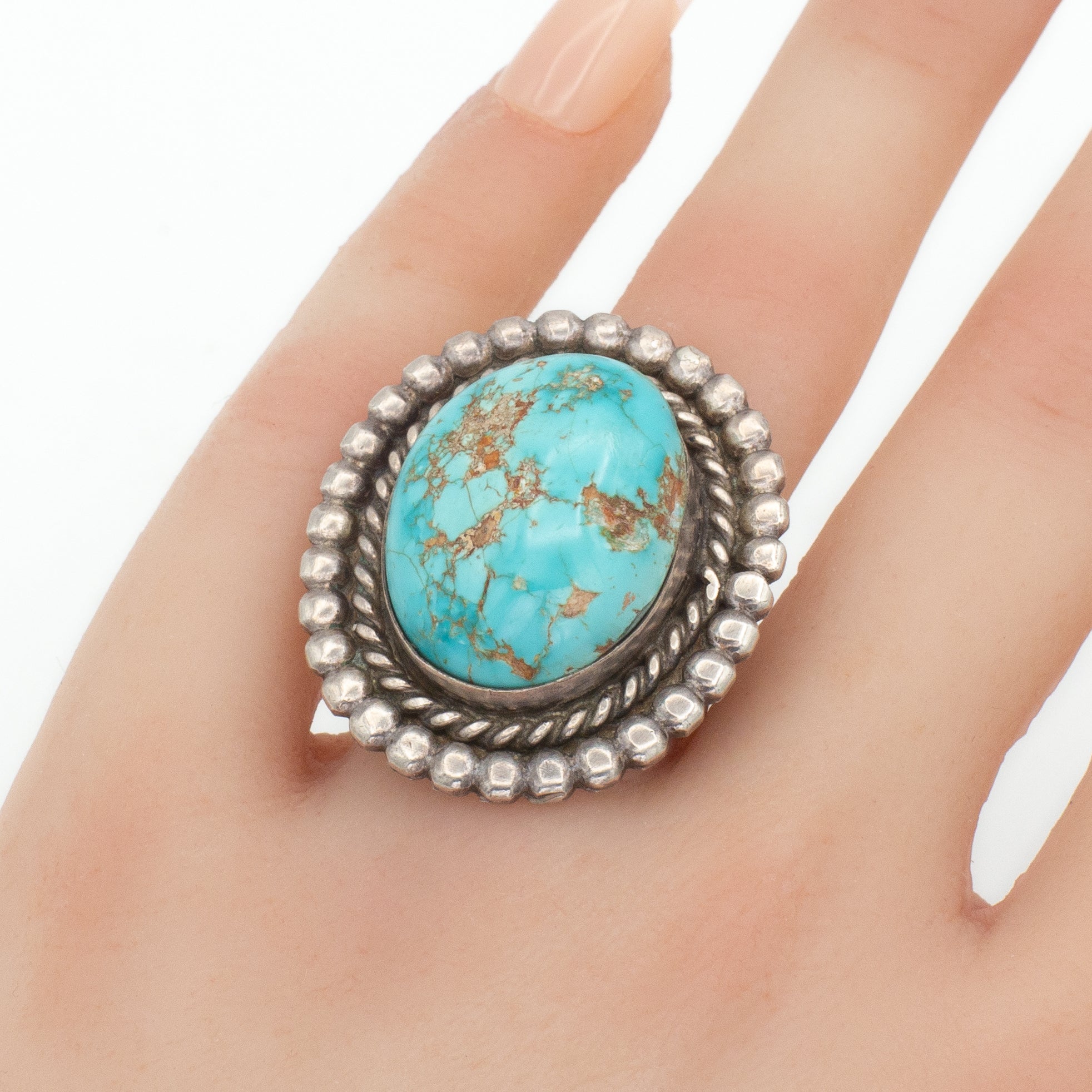 Navajo Handmade Sterling Silver Turquoise Ring (Hallmark Unknown) (Size 6.5)