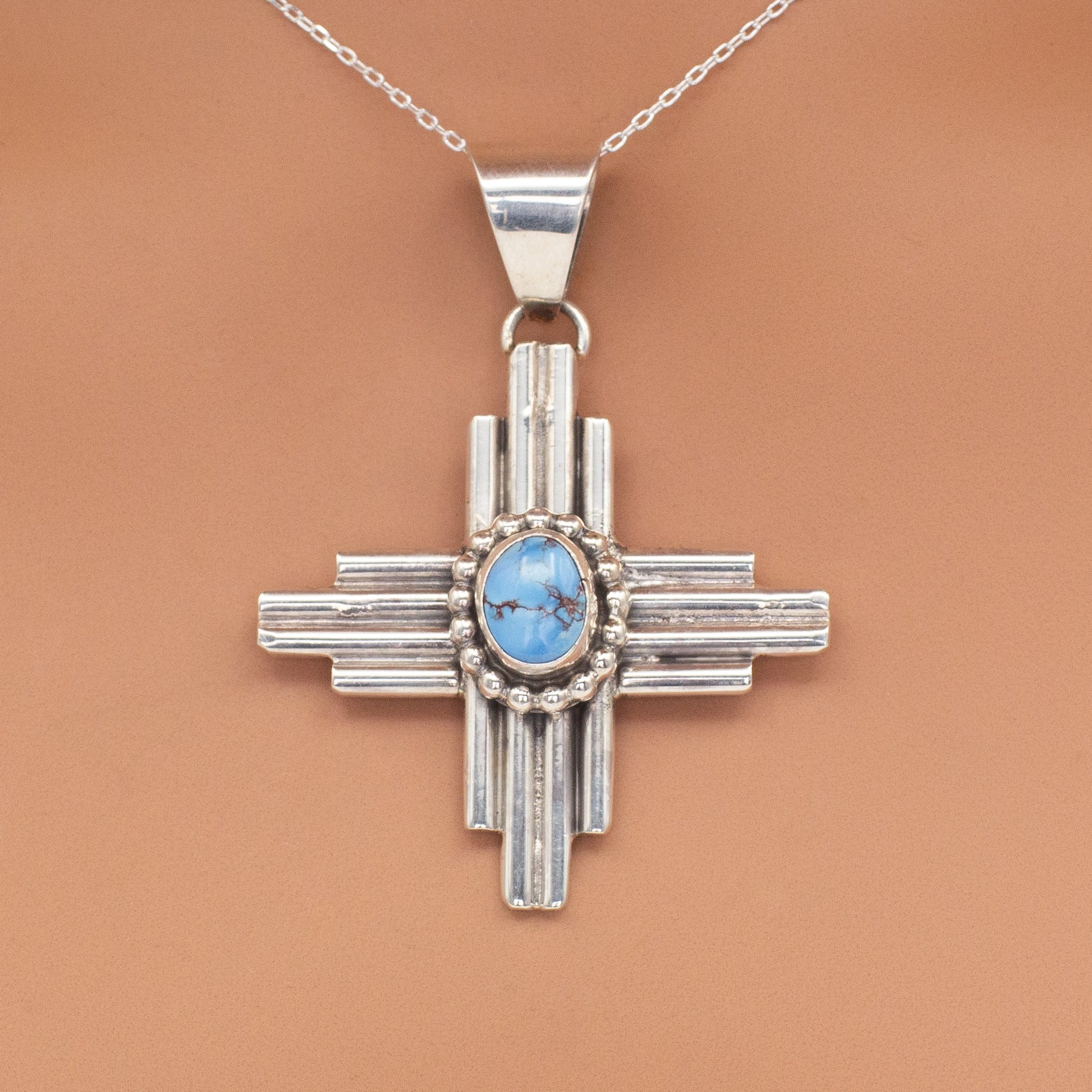 Pricilla Apache Navajo Handmade Sterling Silver Turquoise Cross Pendant