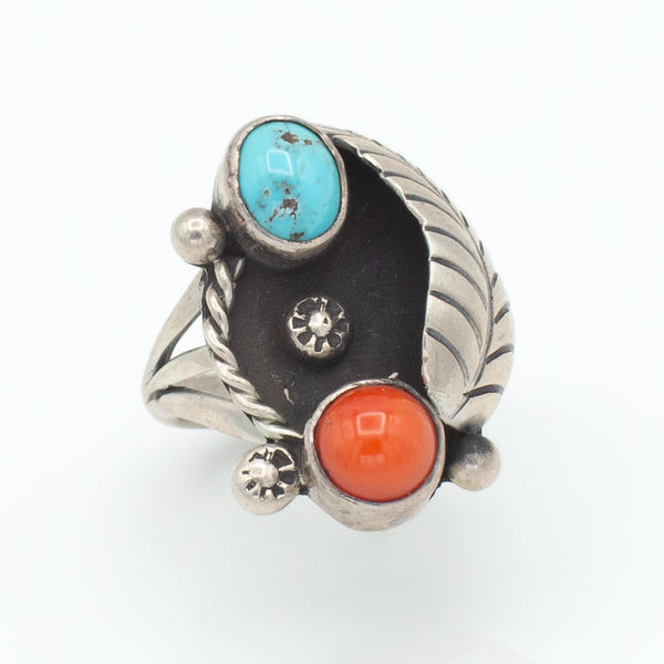 Navajo Handmade Sterling Silver Turquoise Coral Ring (Hallmark Unknown) (Size 5.75)