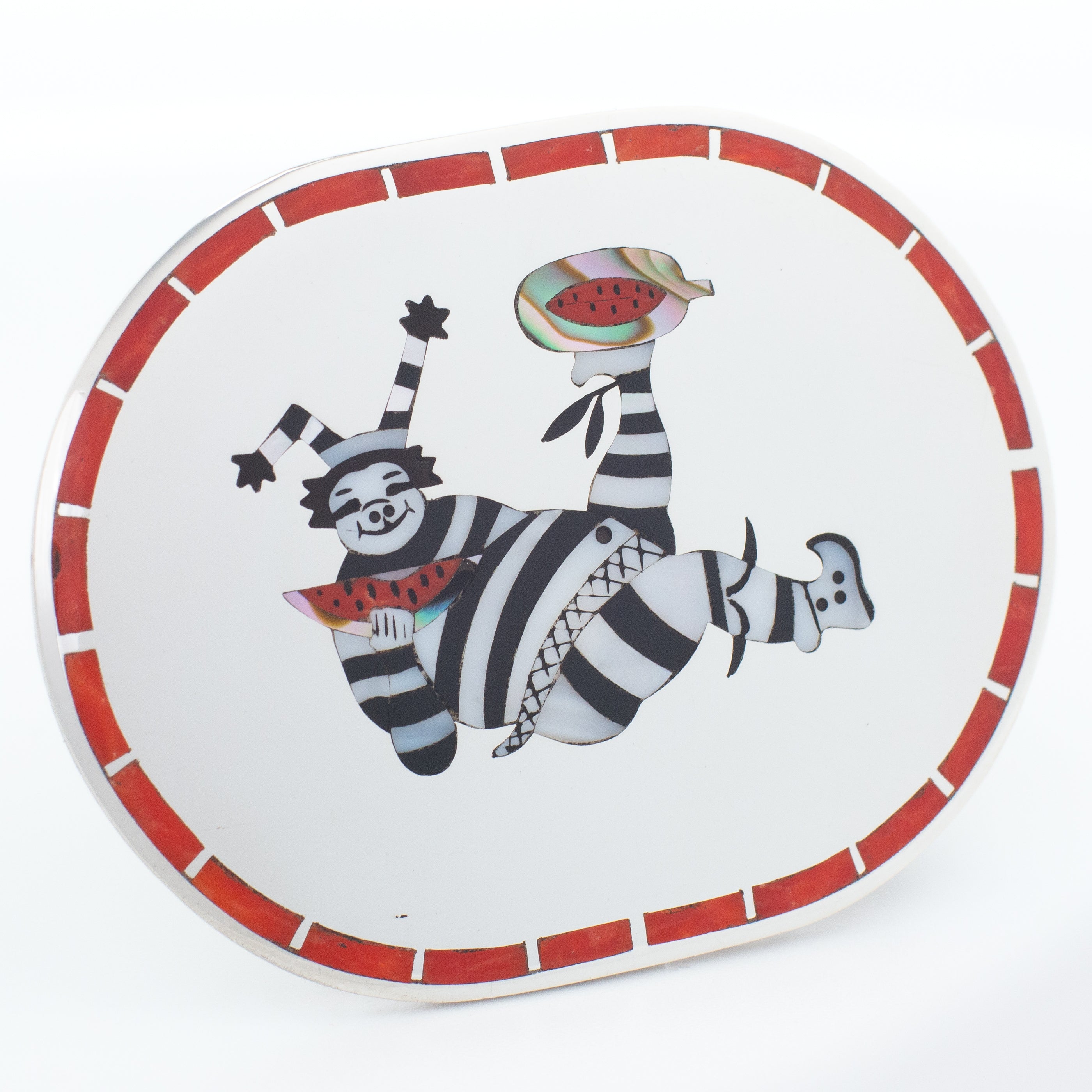 Dennis Edaakie Zuni Handmade Sterling Silver Koshare Clown Inlay Belt Buckle