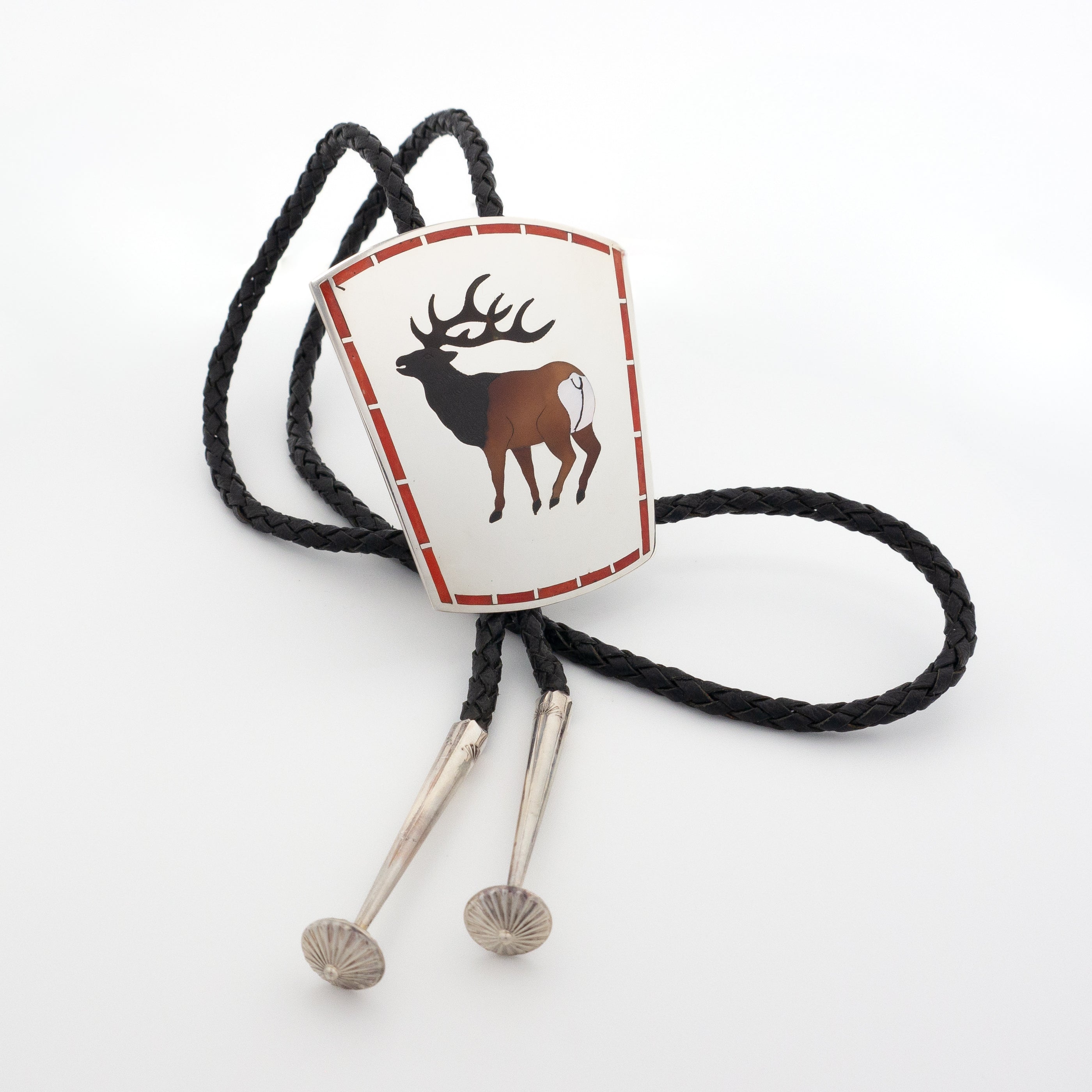 Dennis Edaakie Zuni Handmade Sterling Silver Elk Inlay Bolo Tie