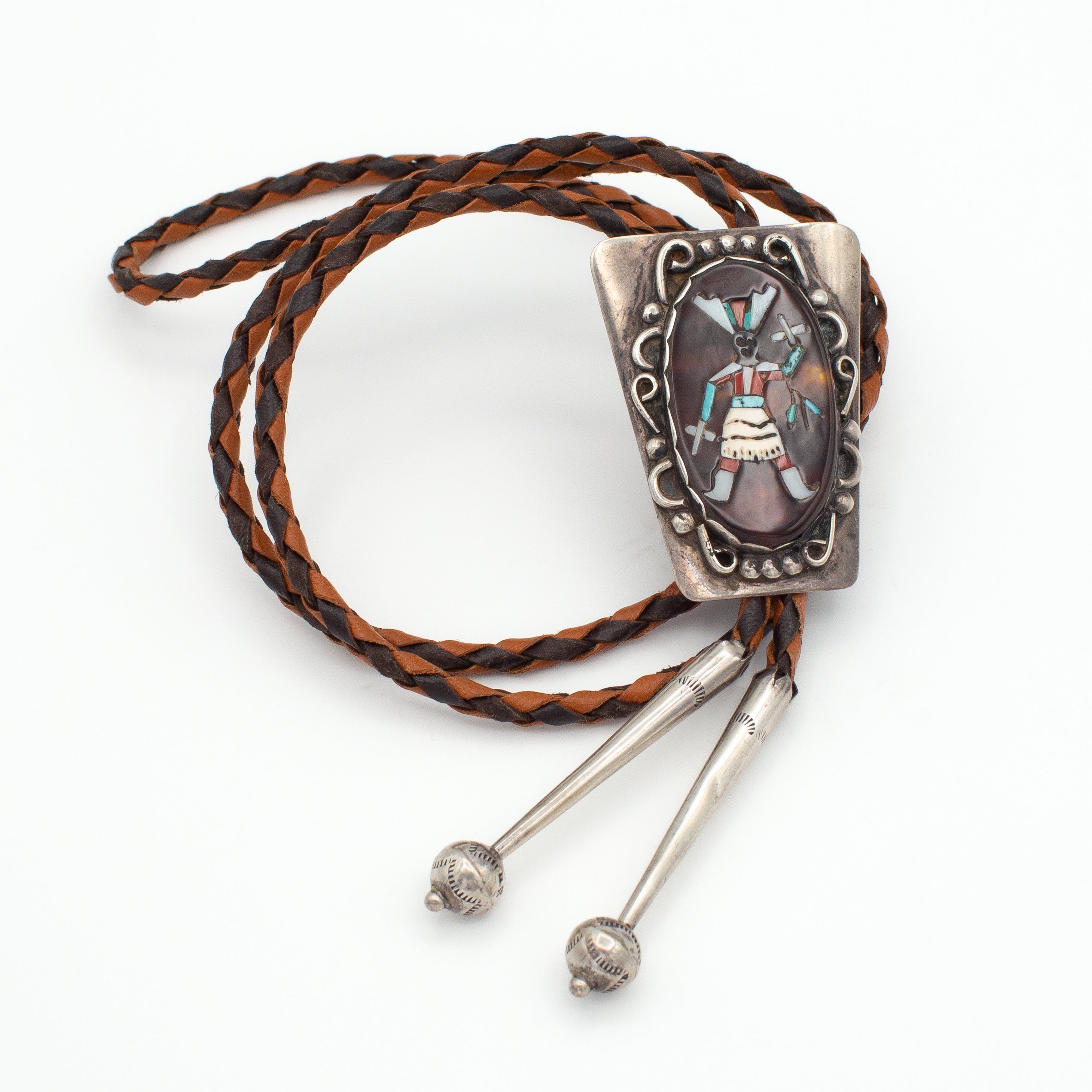 Roy Vandaver Navajo Handmade Sterling Silver Multi-Inlay Bolo Tie (Set with Zuni Inlay)