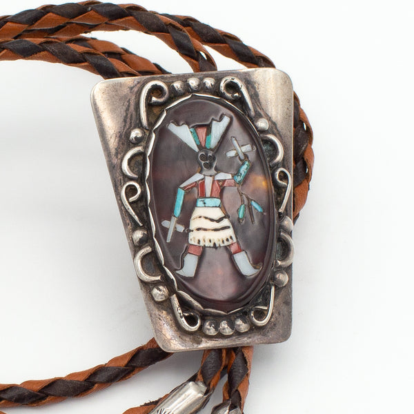 Roy Vandaver Navajo Handmade Sterling Silver Multi-Inlay Bolo Tie (Set with Zuni Inlay)