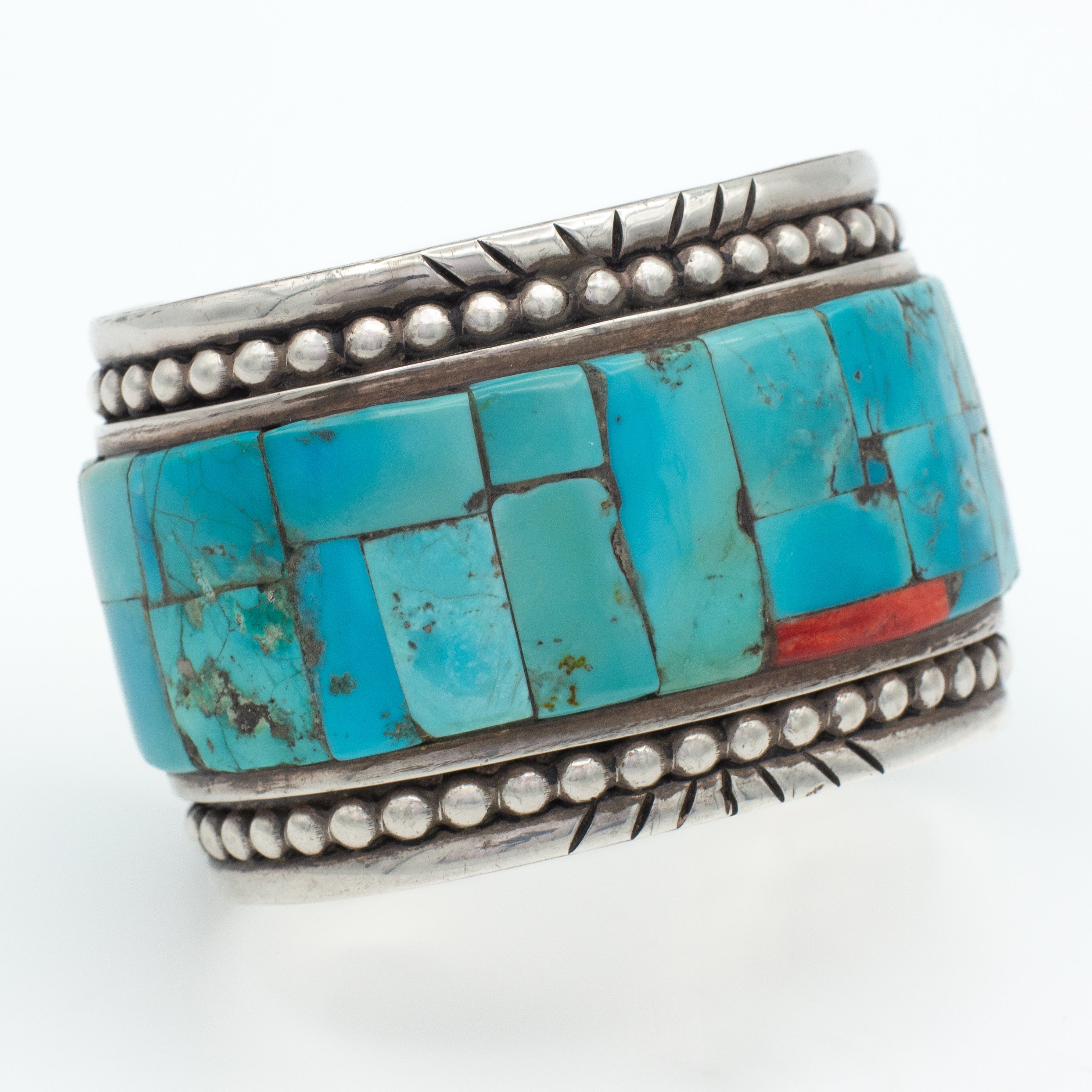 Arlene Aguilar Santa Ana Pueblo Handmade Sterling Silver Turquoise Red Spiny Oyster Cuff Bracelet