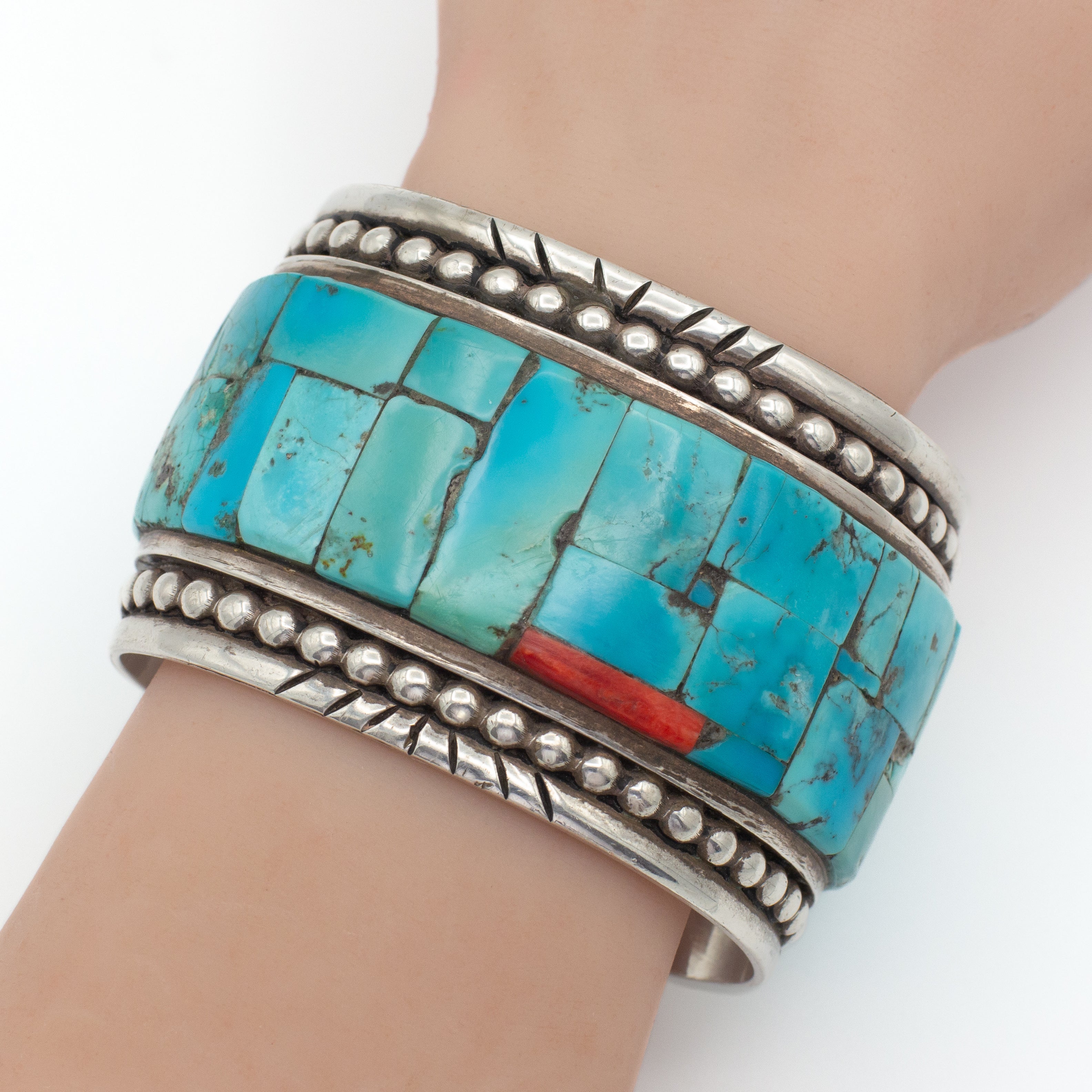 Arlene Aguilar Santa Ana Pueblo Handmade Sterling Silver Turquoise Red Spiny Oyster Cuff Bracelet