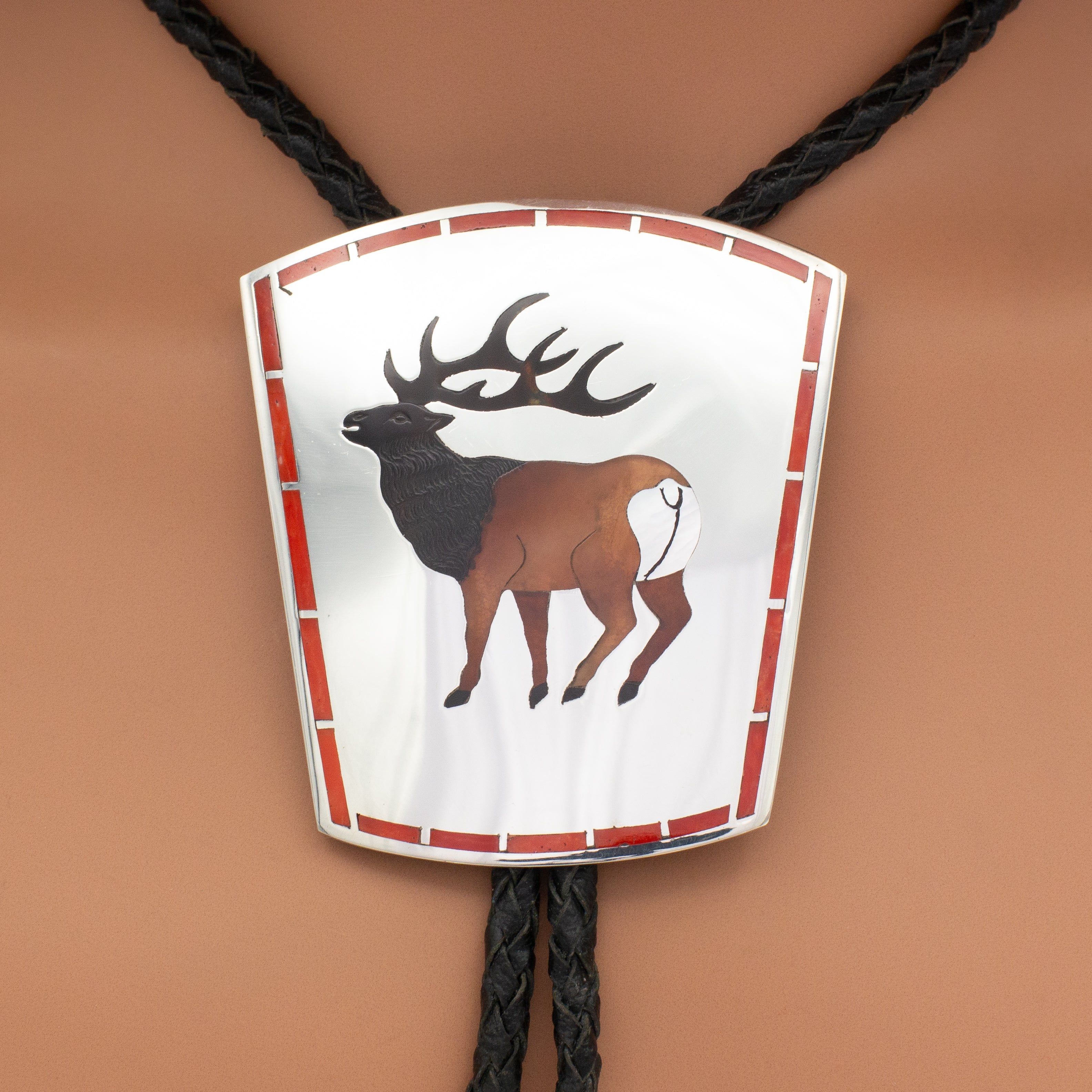 Dennis Edaakie Zuni Handmade Sterling Silver Elk Inlay Bolo Tie