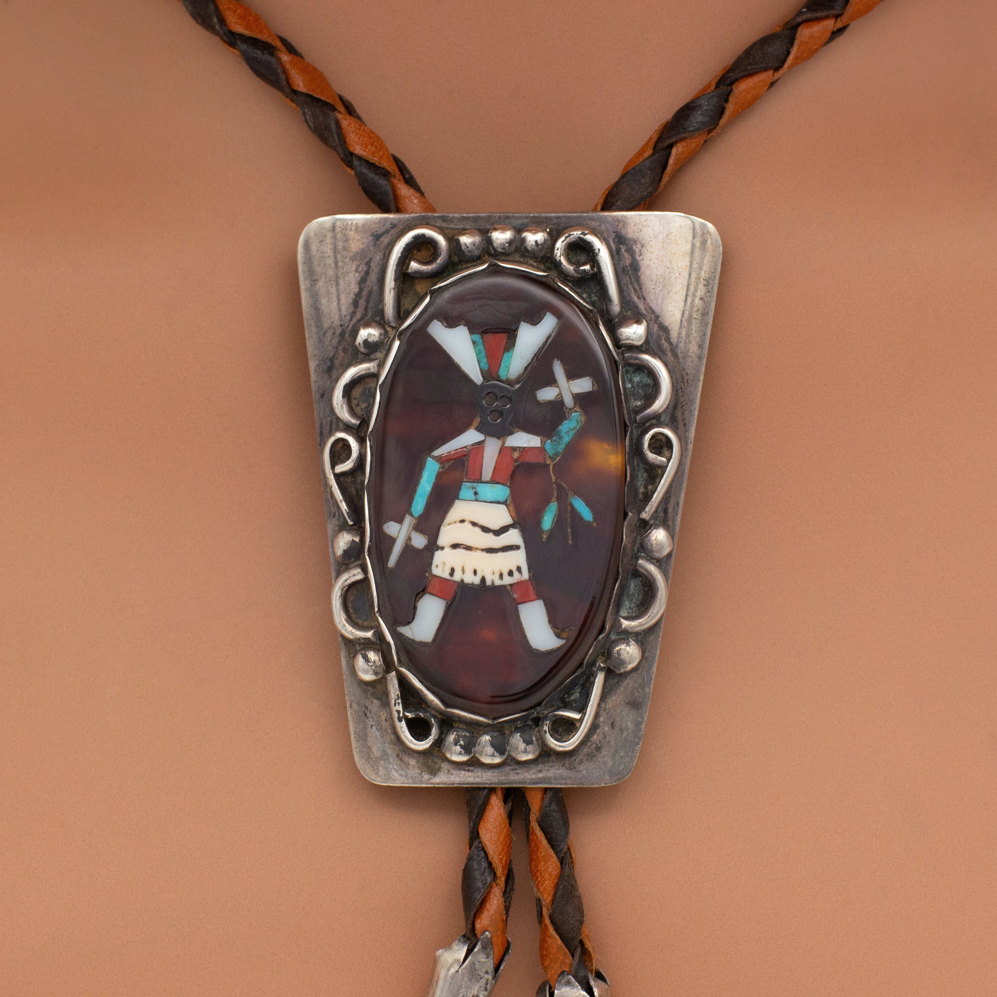 Roy Vandaver Navajo Handmade Sterling Silver Multi-Inlay Bolo Tie (Set with Zuni Inlay)