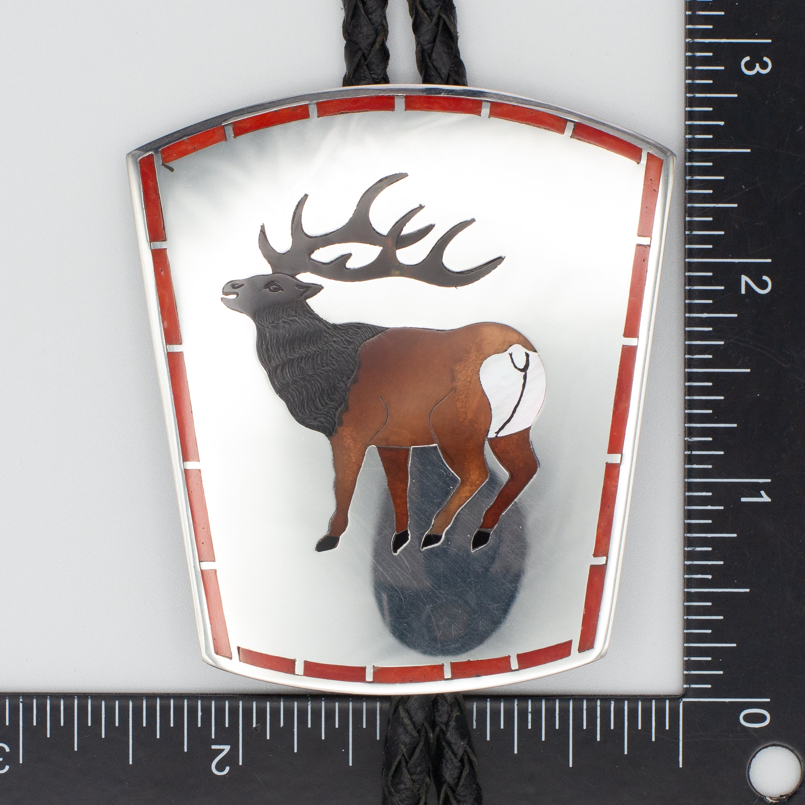 Dennis Edaakie Zuni Handmade Sterling Silver Elk Inlay Bolo Tie