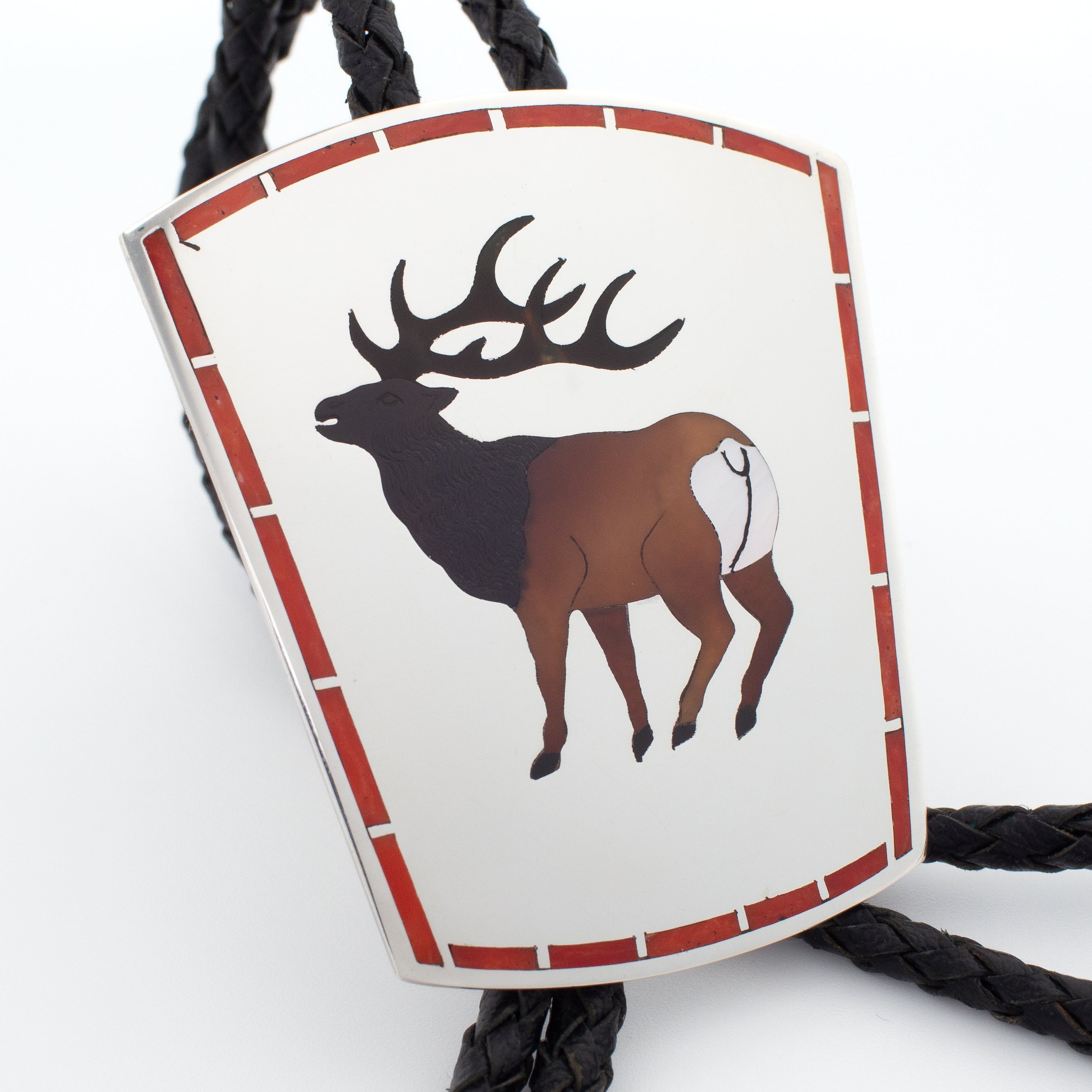 Dennis Edaakie Zuni Handmade Sterling Silver Elk Inlay Bolo Tie