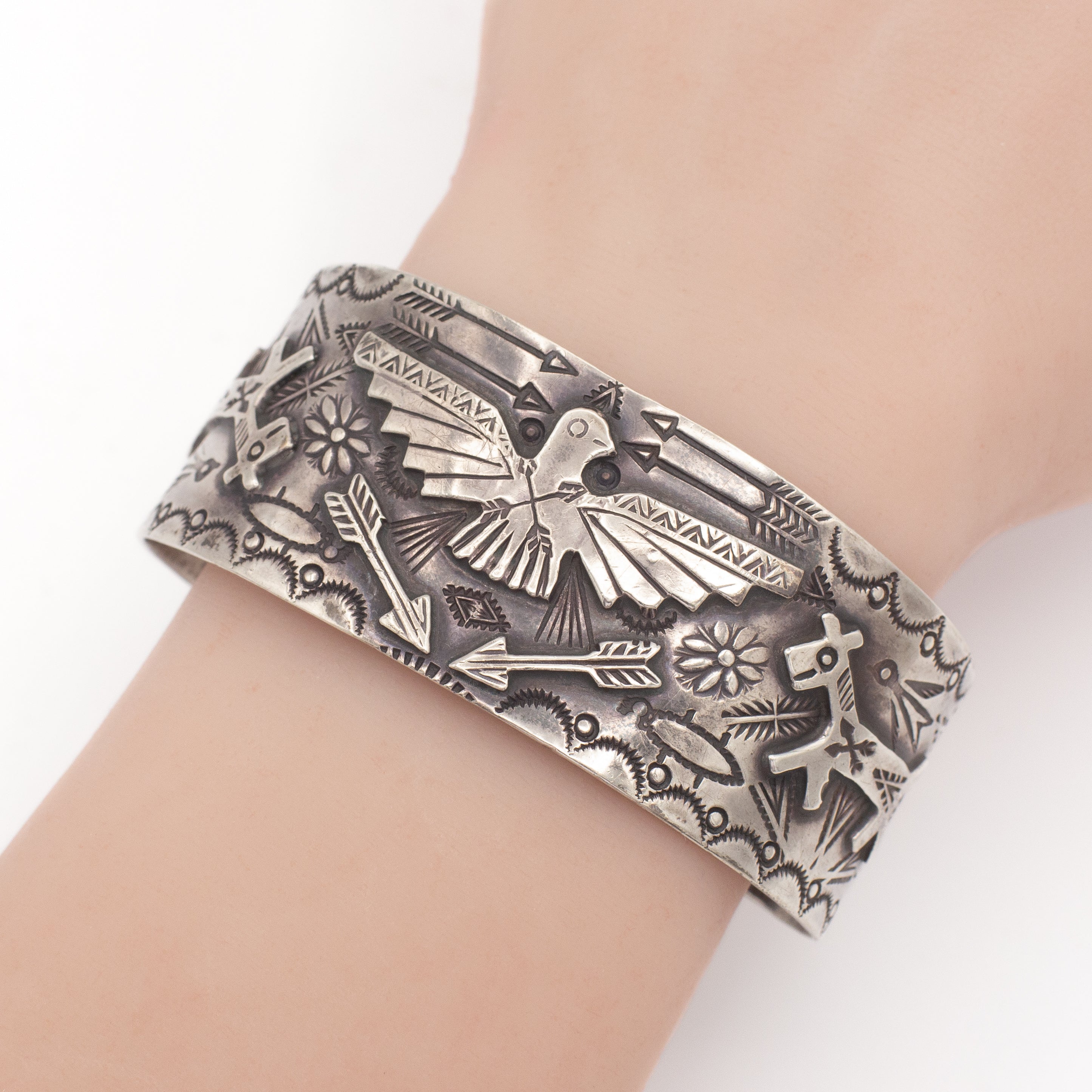 Fred Harvey Navajo Handmade Sterling Silver Eagle Cuff Bracelet