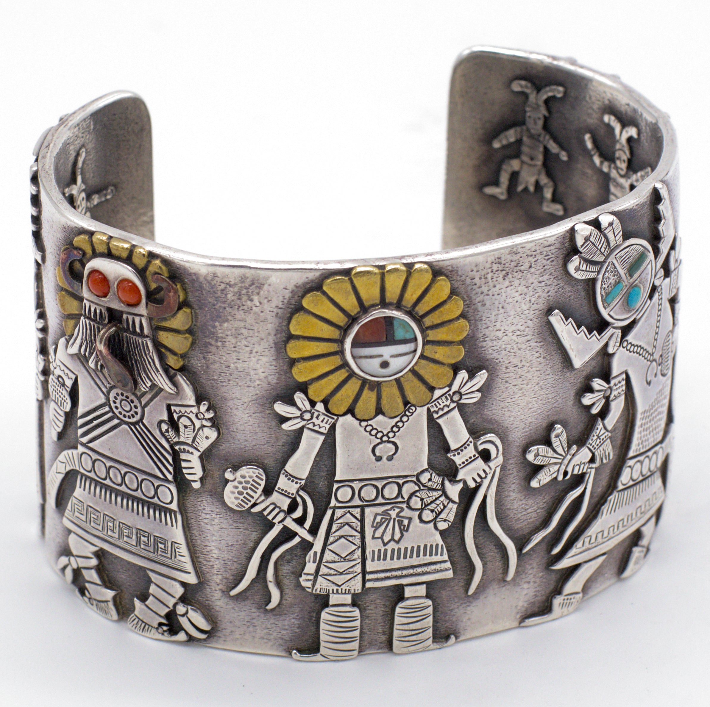 Clarence & Russell Lee Navajo Handmade Sterling Silver MOP Turquoise and Coral Cuff Bracelet