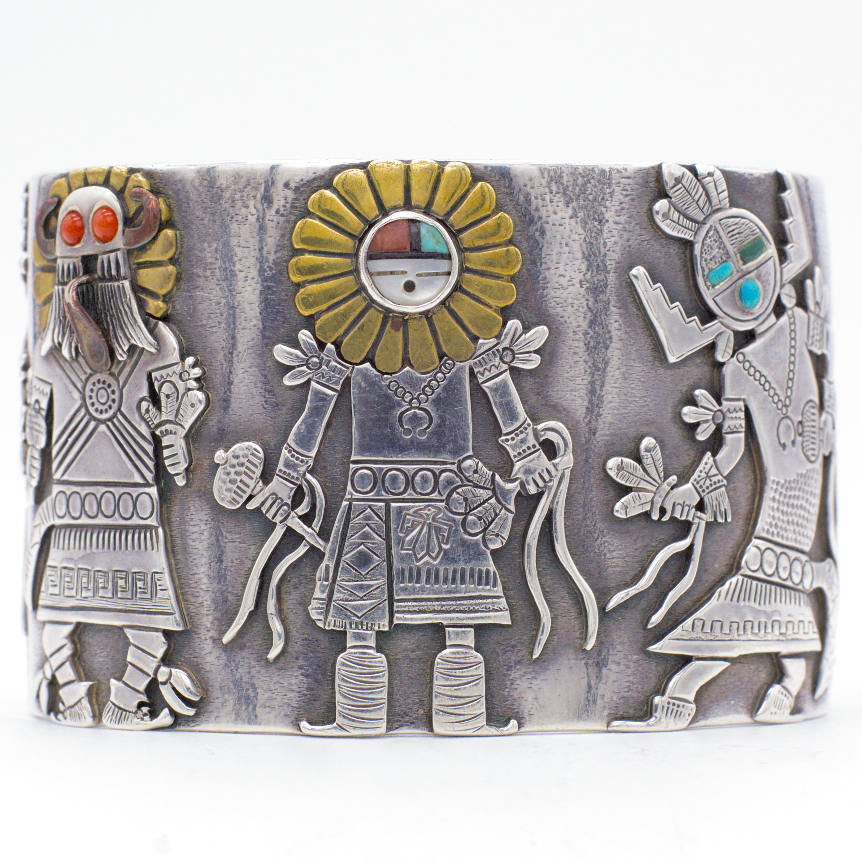 Clarence & Russell Lee Navajo Handmade Sterling Silver MOP Turquoise and Coral Cuff Bracelet