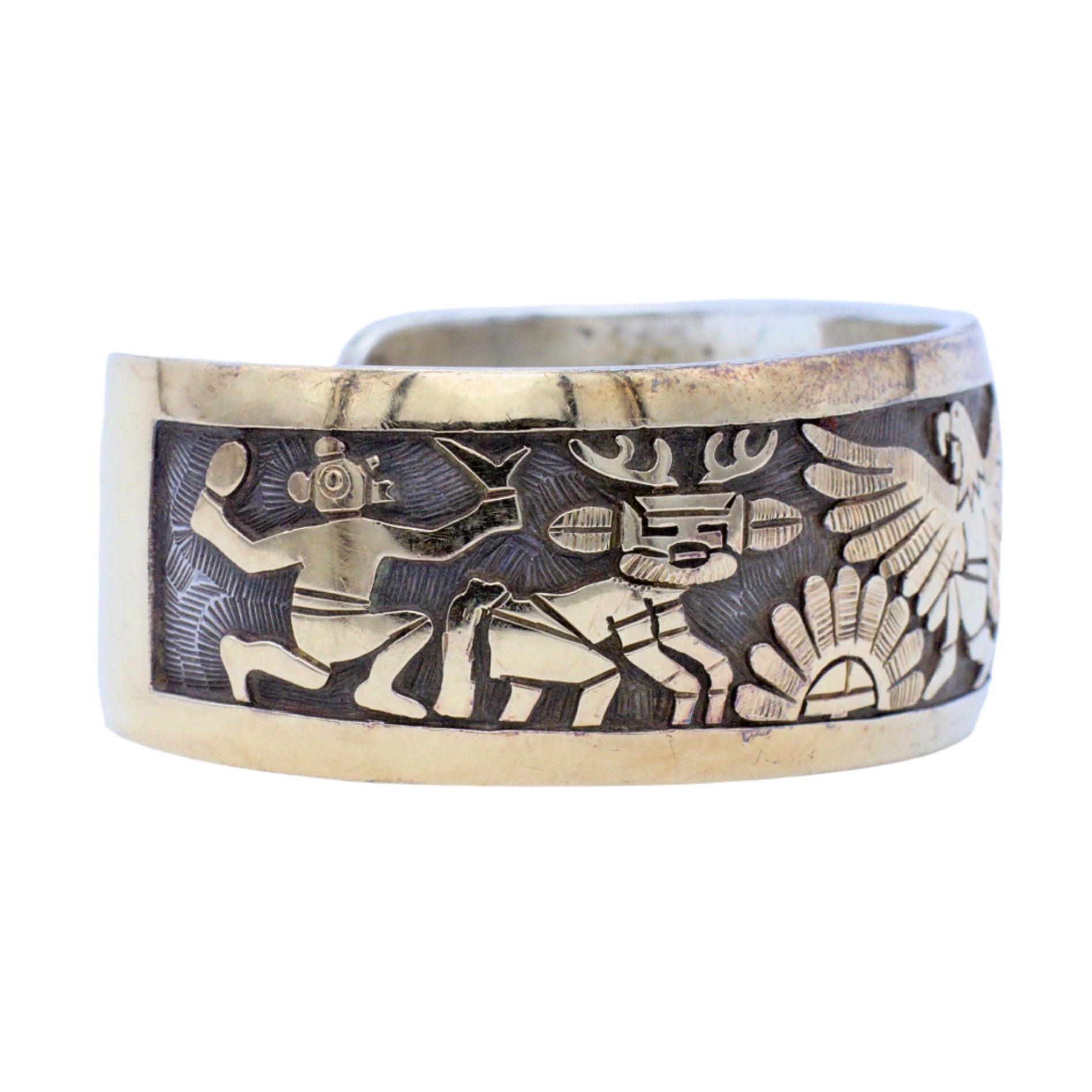 Watson Honanie Hopi Handmade Sterling Silver 14KT Gold Cuff Bracelet