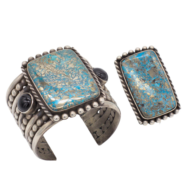 Mike Bird Romero Vintage Sterling Silver Turquoise Cuff Bracelet and Ring Set